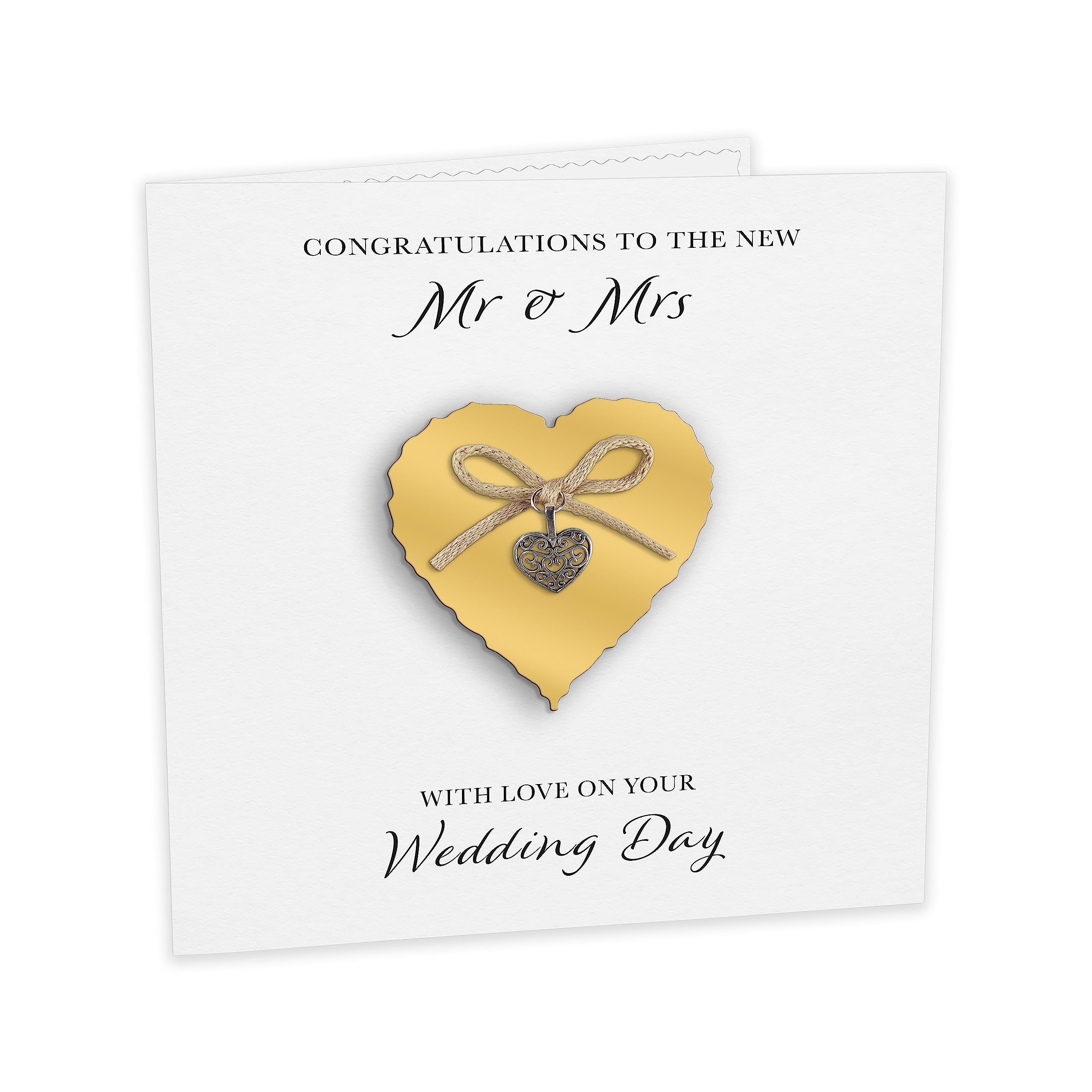 Wedding Day Card "Heart Charm & Bow" - Handmade UK (Gold Heart, White Cardstock) - Image 2