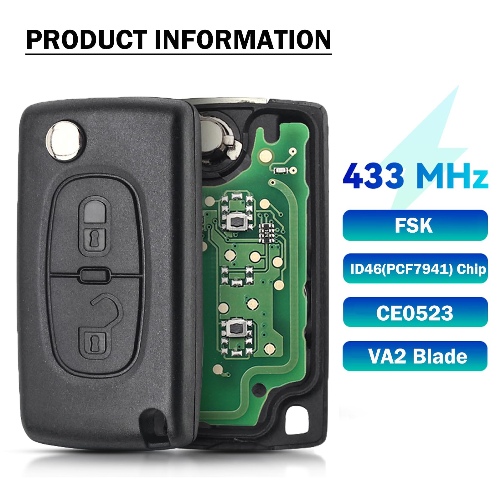 FSK Telecomando per Auto a 2 Tasti 433 MHz con Chip Elettronico ID46 PCF7941, Chiave Telecomando per Peugeot 207 307 308 407 e Citroën C2 C3 C4 C5, CE0523 - Lama VA2