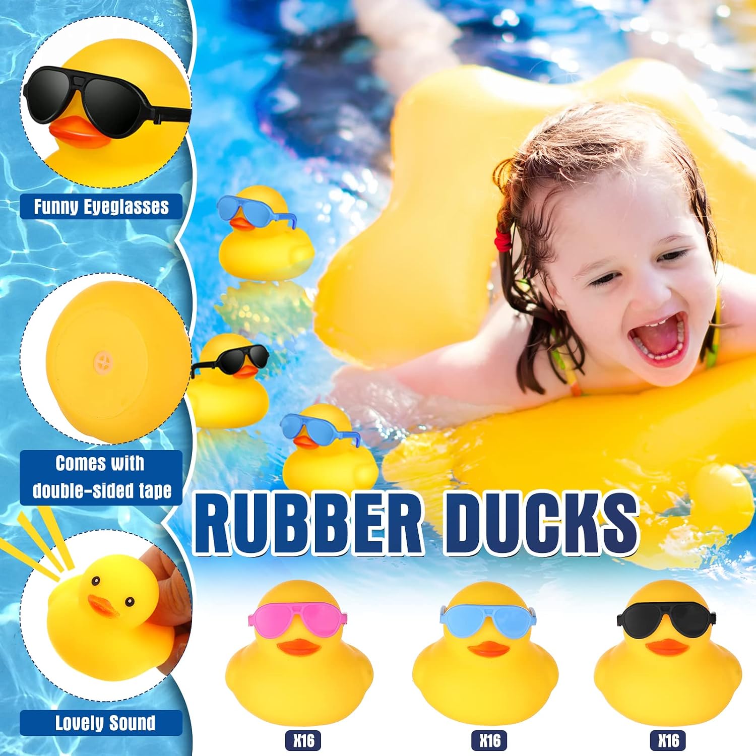 48 Pcs Mini Rubber Ducks Bath Duck with 48 Sunglasses Toy Sets, Christmas Rubber Duck in Bulk Bath Toy Bathtub Toys for Gift Holiday Cruise Birthday Christmas Party Favors (Yellow, Blue, Pink, Black)