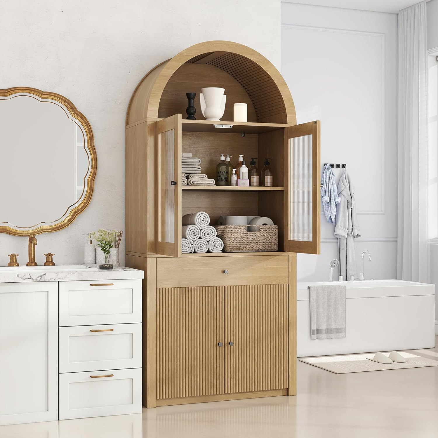 SIDUCAL 71" Tall Arched Pantry Cabinet with Acrylic and Fluted Doors, Wooden Arched Kitchen Pantry Cabinet with Adjustable Shelves for Living Room or Bathroom Storage, Natural