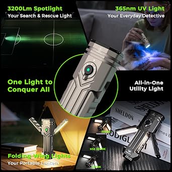 Wurkkos HD02 Flat LED Flashlight, Magnetic Deformation, 3200 Lumens, 5000 mAh Rechargeable, 3000K-6500K, Four-Light Sources, Folding Wing Lighting/Spotlight/UV Light/Green Light/MagneticTail,IPX6