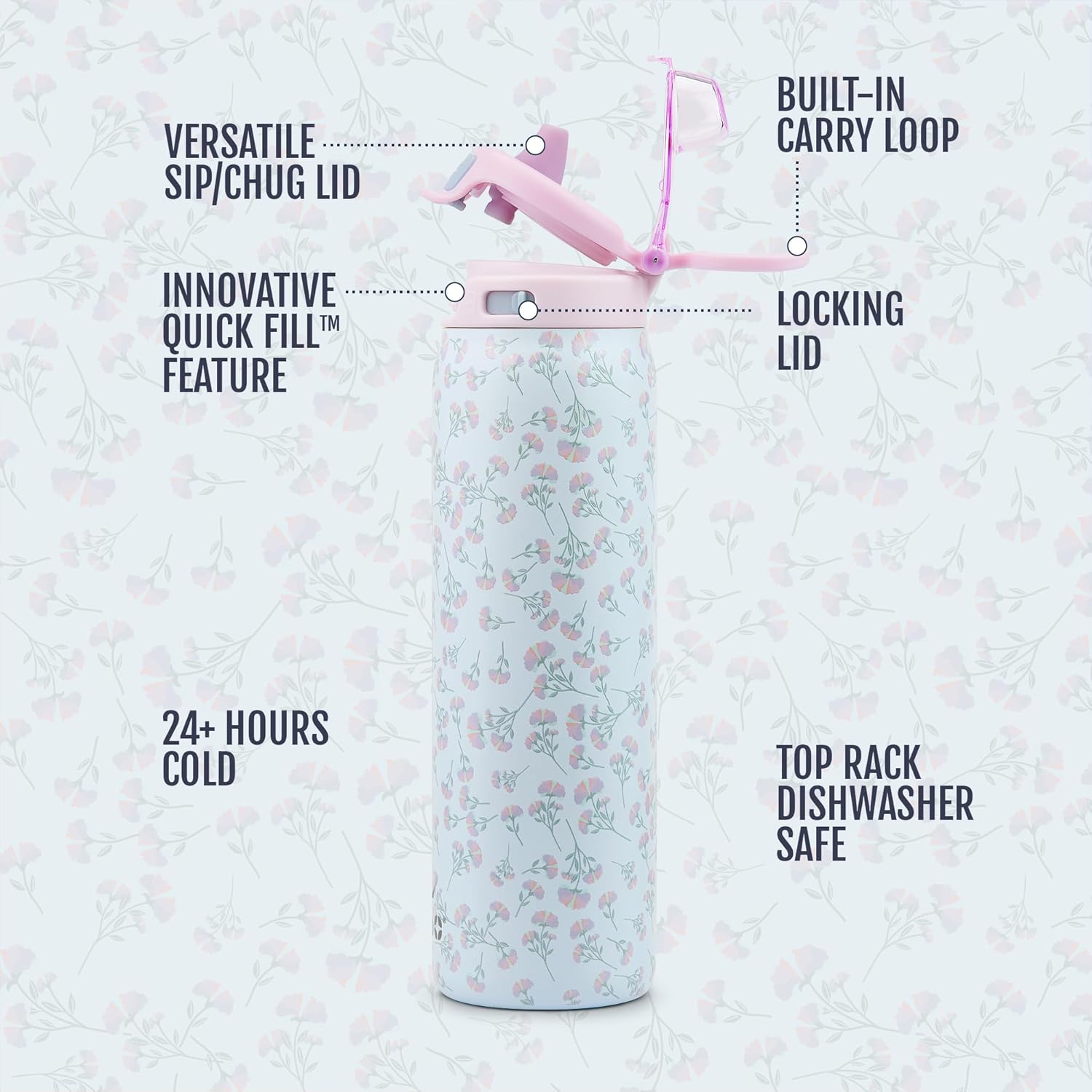 Ello Pop & Fill Stainless Steel Water Bottle with Quick Fill Technology, Double Walled Vacuum Insulated Metal, Leak Proof Locking Lid, Sip & Chug, BPA Free, Holiday Gift for Him Her, 22oz, 32oz, 40oz - Image 4