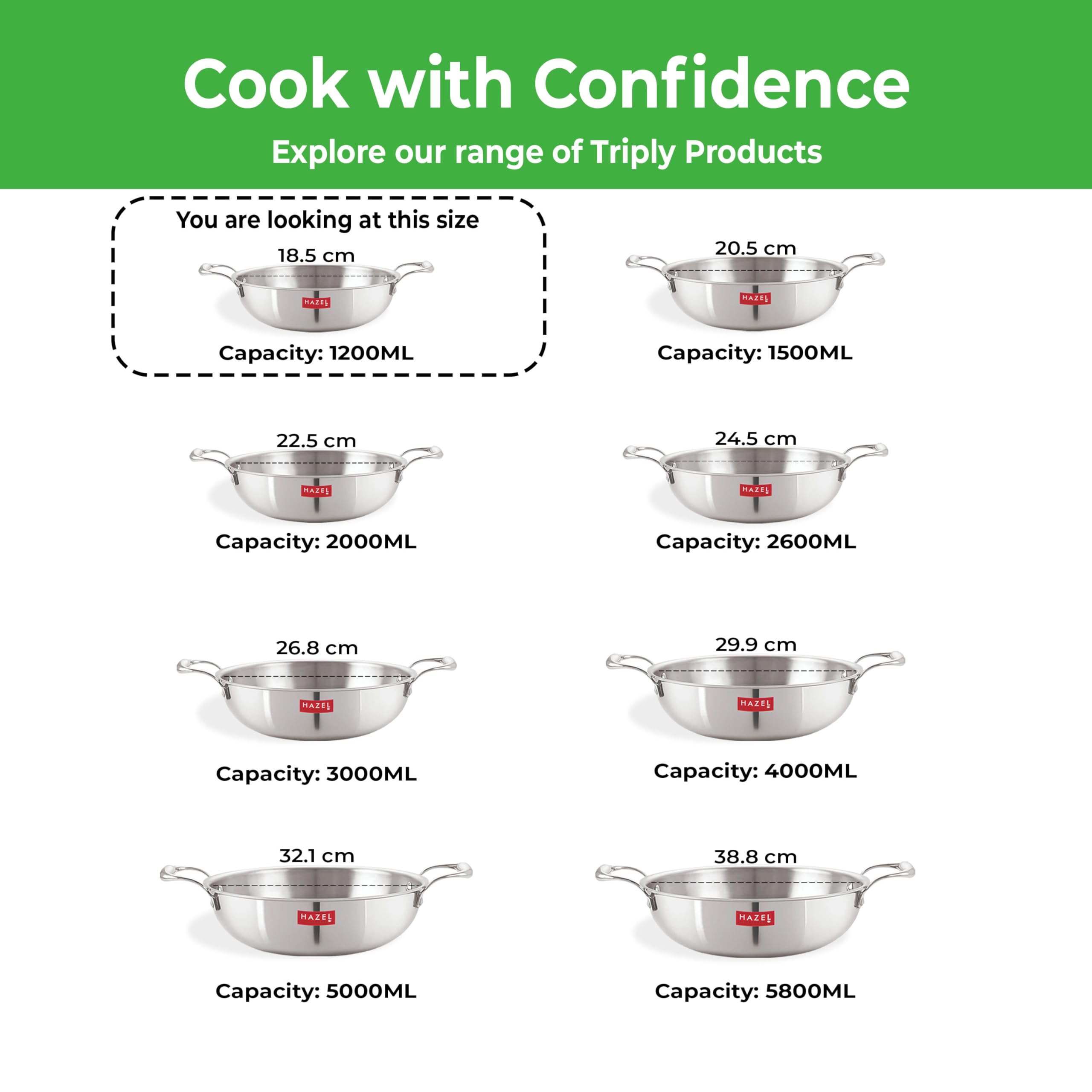 HAZEL Triply Stainless Steel Induction Bottom Kadhai with Stainless Steel Lid, 1.2 Litre, 18.5 cm - Image 7 thumbnail