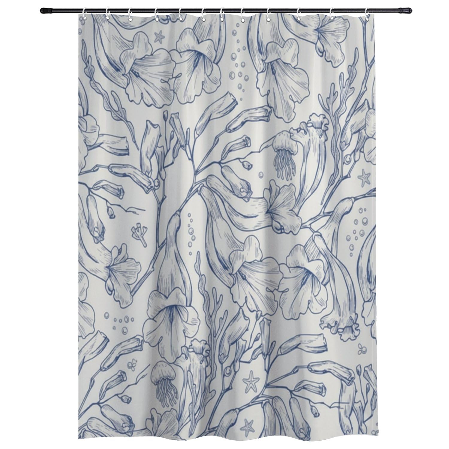 ldyllicStyle Floral Decorative Shower Curtain, Blue Line Art Marine Floral Shower Curtain For Girls Bathroom Beautiful Curtains For Bathroom, Farmhouse Curtain 180×180 cm