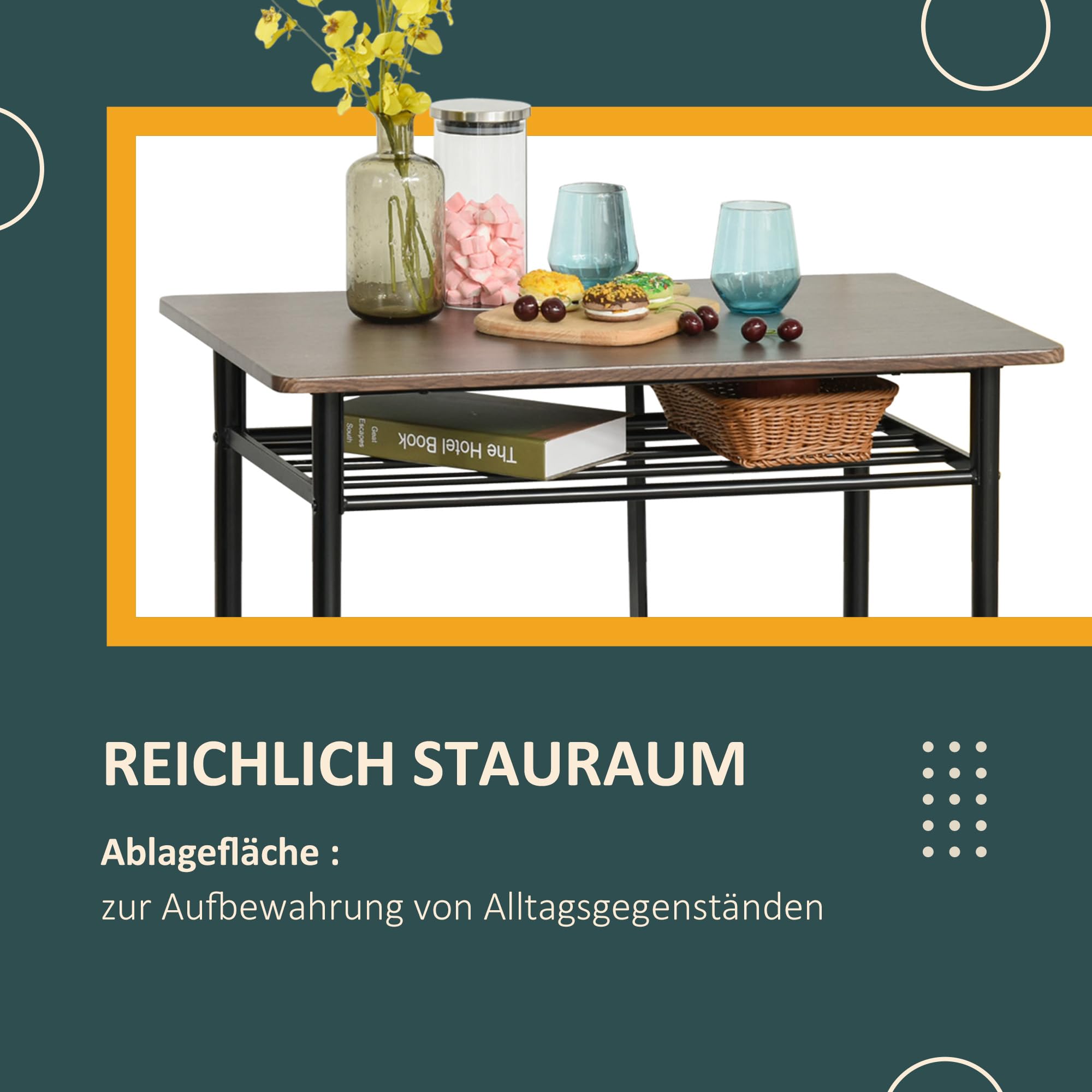 HOMCOM Bartisch Set Bartisch mit 2 Barhockern Essgruppe Küchentisch mit Lagerregal Esstisch für Esszimmer, Küche, Schwarz