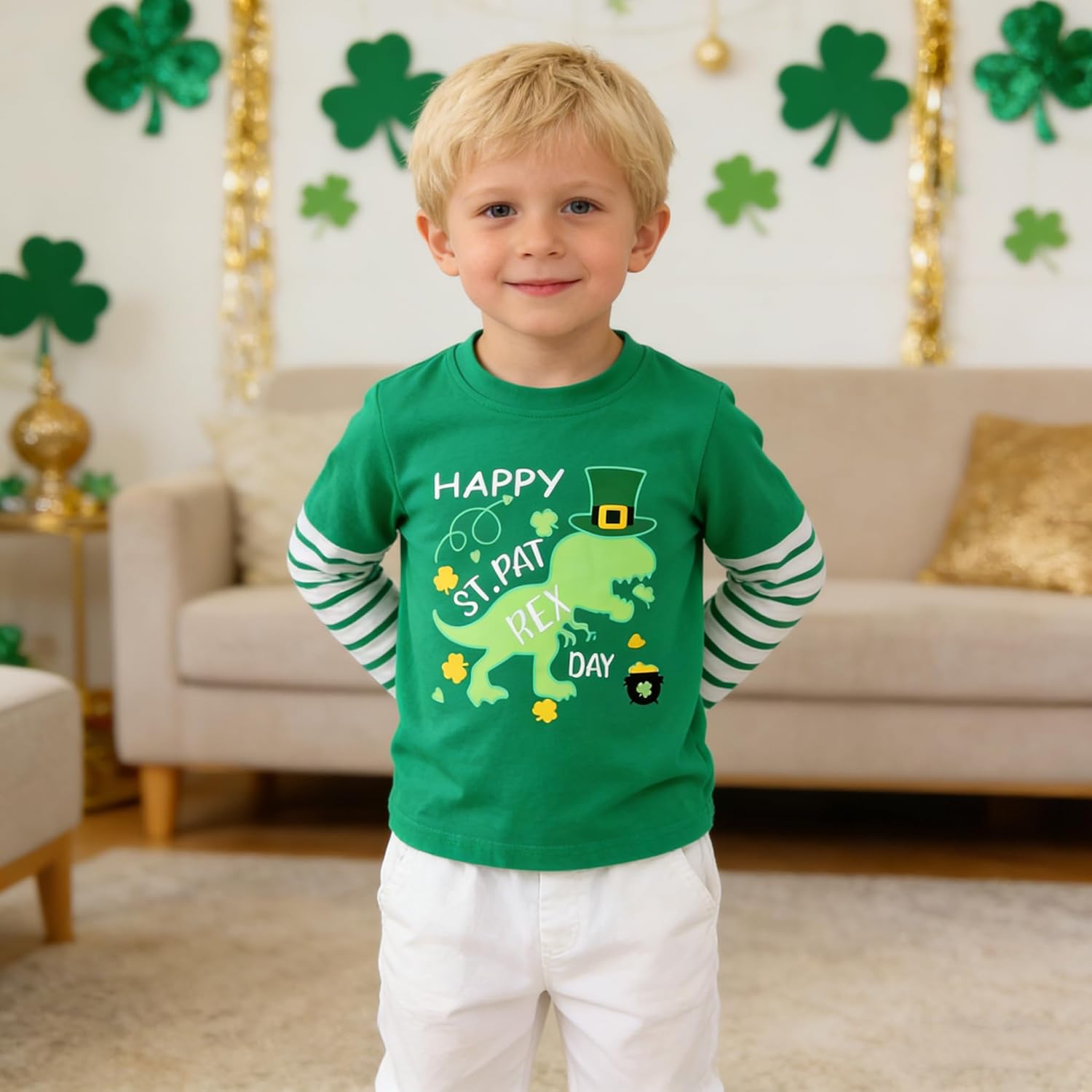MODNTOGA Toddler Boy Happy St Patricks Day Shirt Green Hat Dinosaur Print T-Shirt Stripe Sleeve Cute Clover Irish Holiday Top - Image 2