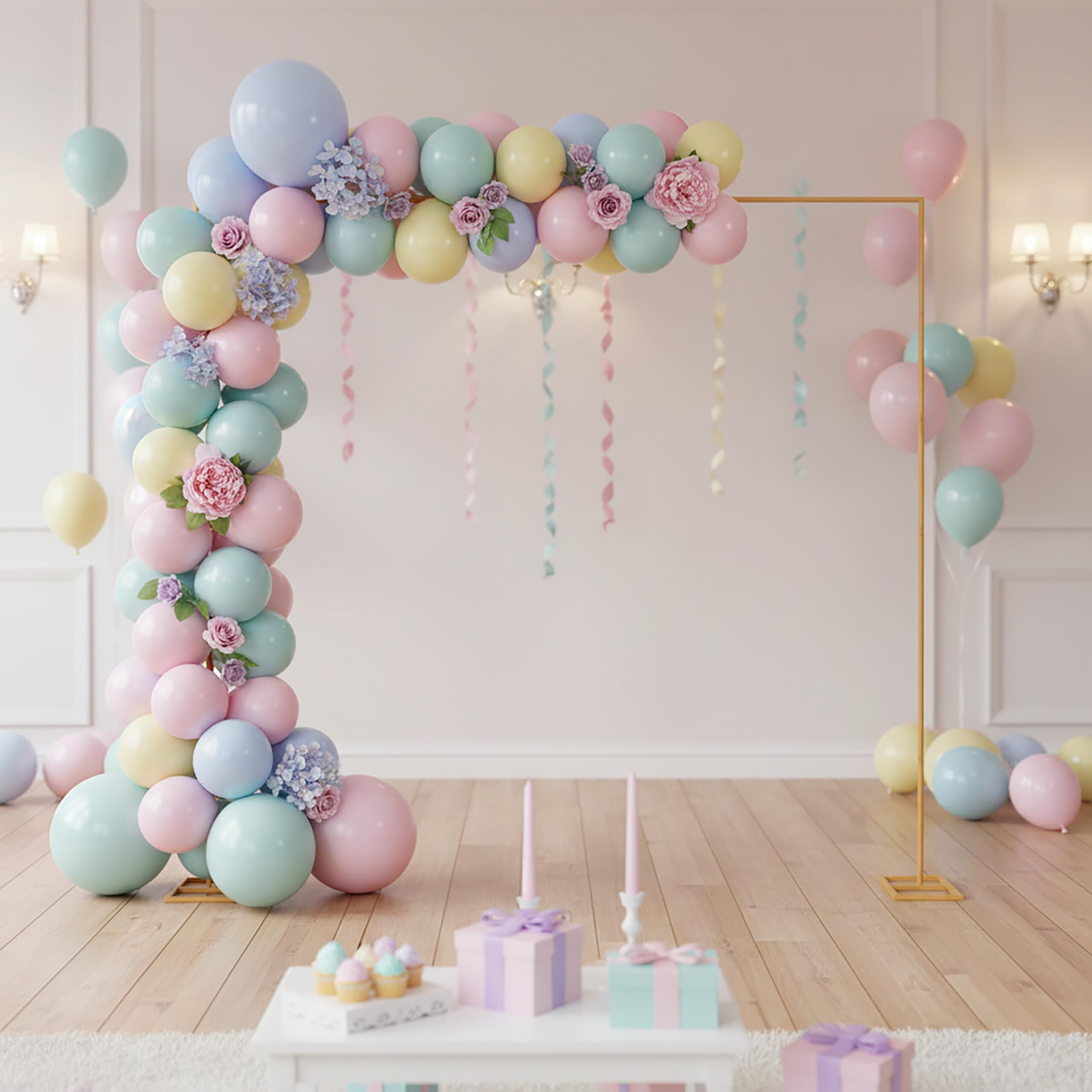 Arco de Globos Relaxdays, metálico, Boda, cumpleaños, Compromiso, 3 Alturas, Flores, Arco Cuadrado, Dorado