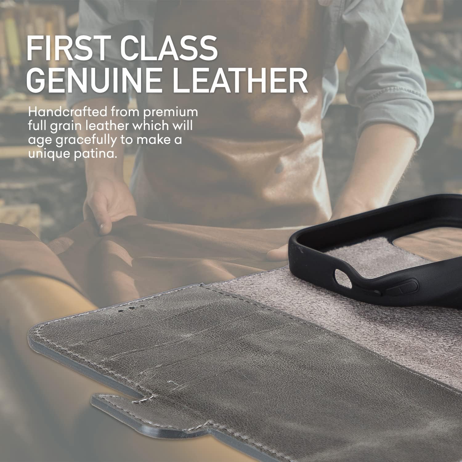 Bayelon Case for iPhone 13 Pro Max, Full Grain Leather Wallet Case, Magnetic Folio Flip Cover with Card Slots, Kickstand (Smoked Black)