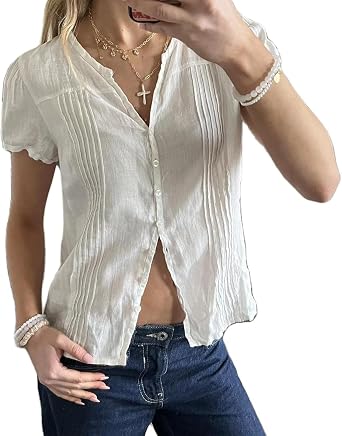 Women Y2K Button Up Shirts Cap Sleeve Lapel Collar Ruched Slim Fit Shirts Cropped Coquette 90s Vintage Blouse Top