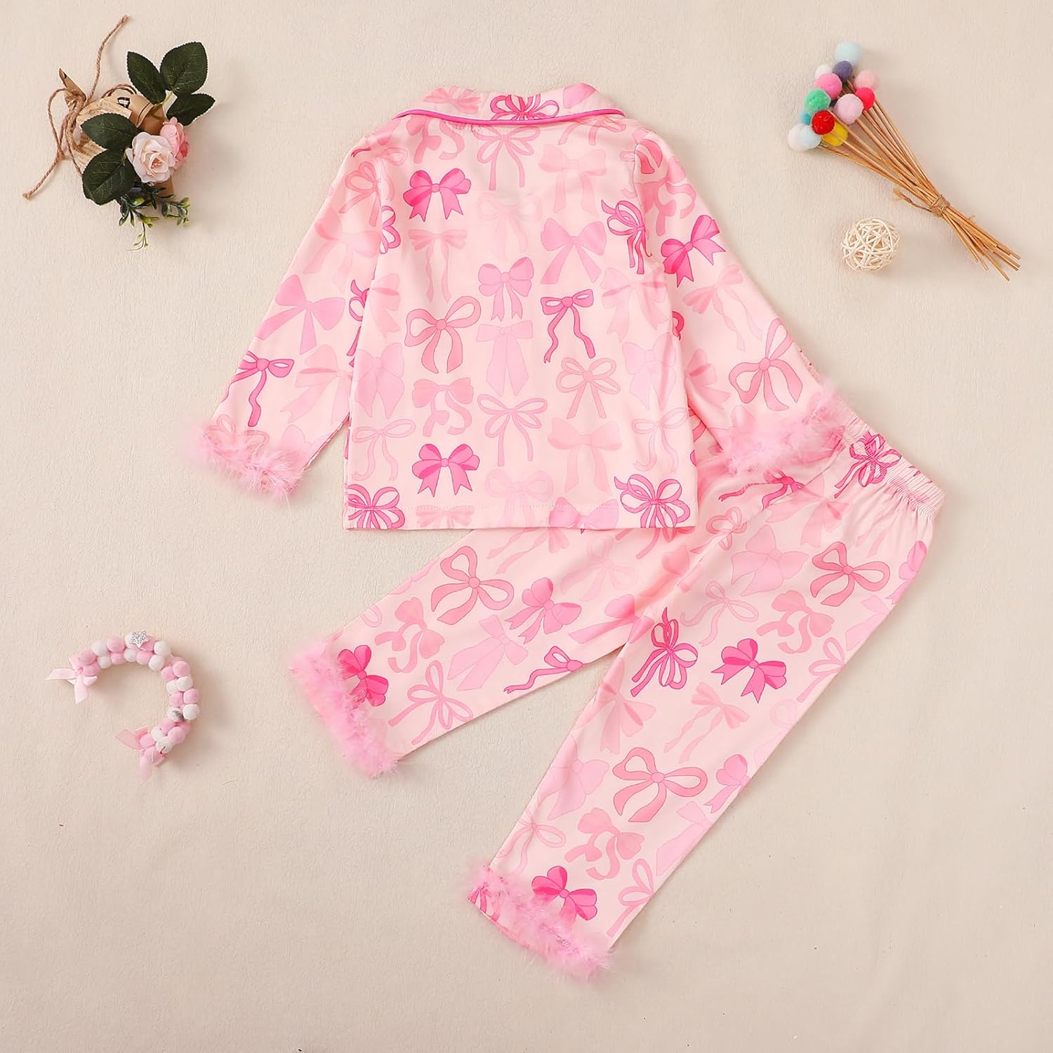 Toddler Baby Girl Satin Pajamas Set Fuzzy Trim Button Down Sleep Shirt Top Pants Bottoms Sleepwear Loungewear Set - Image 3