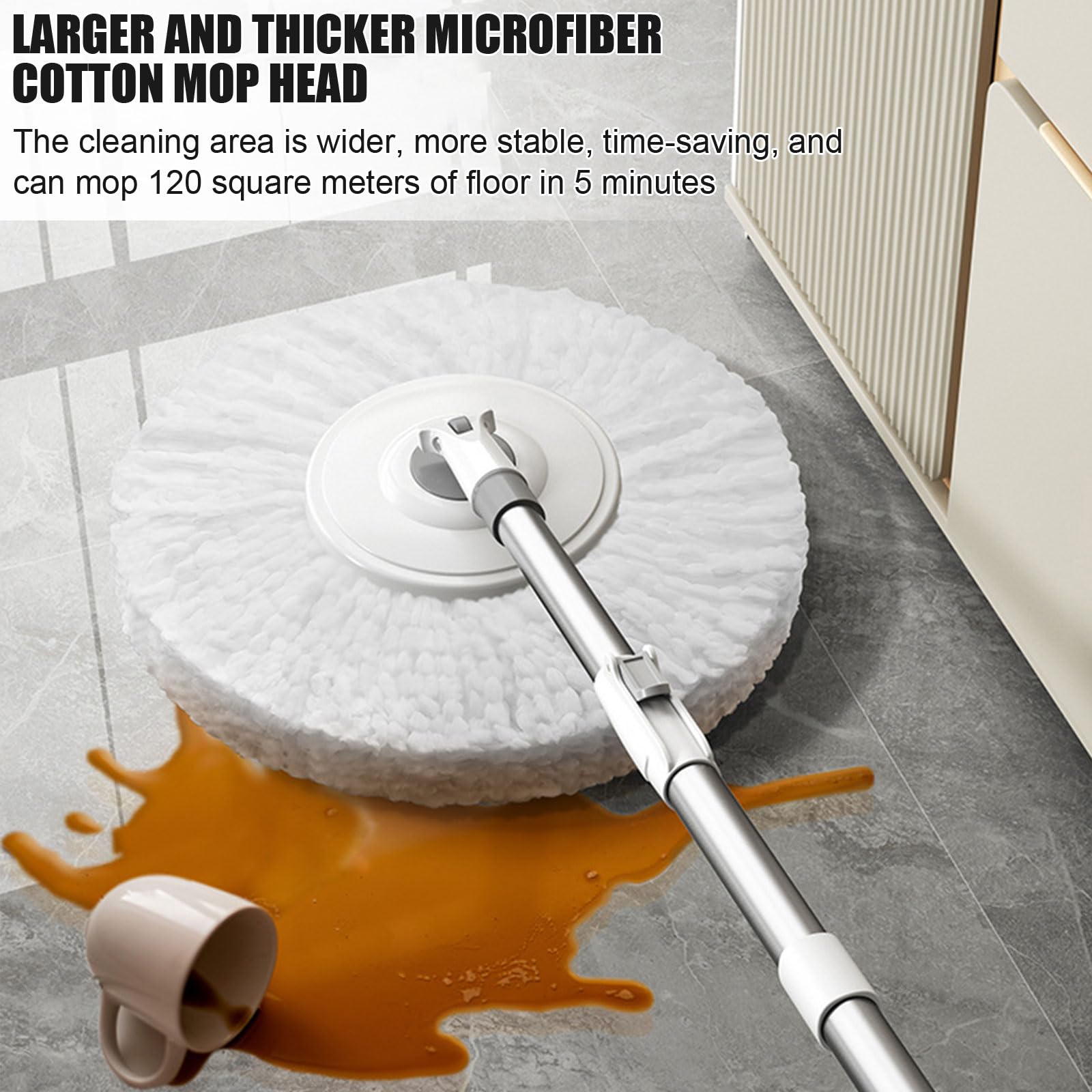 Juego de Cubo y fregona giratoria Cabezal de trapeador de Microfibra Giratorio de 360° con autoescurrido para Pisos de mármol, baldosas de Madera,3 Microfiber Mop Heads