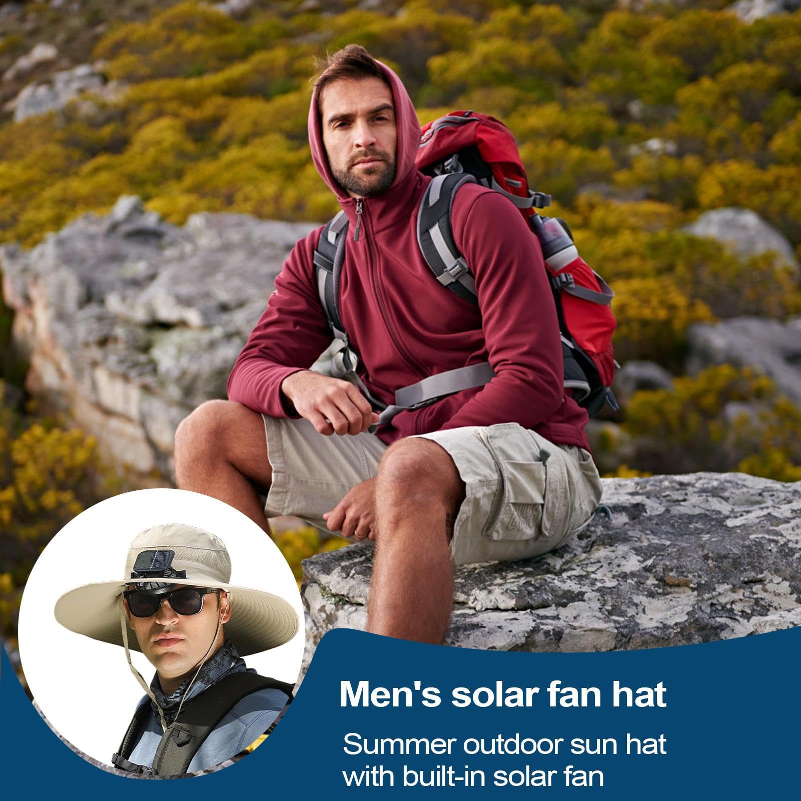 Chapeau avec ventilateurs, casquette à énergie solaire, chapeau à large bord, chapeau de protection rafraîchissant pour une utilisation confortable pendant l'été, la plage, le travail, le jardinage