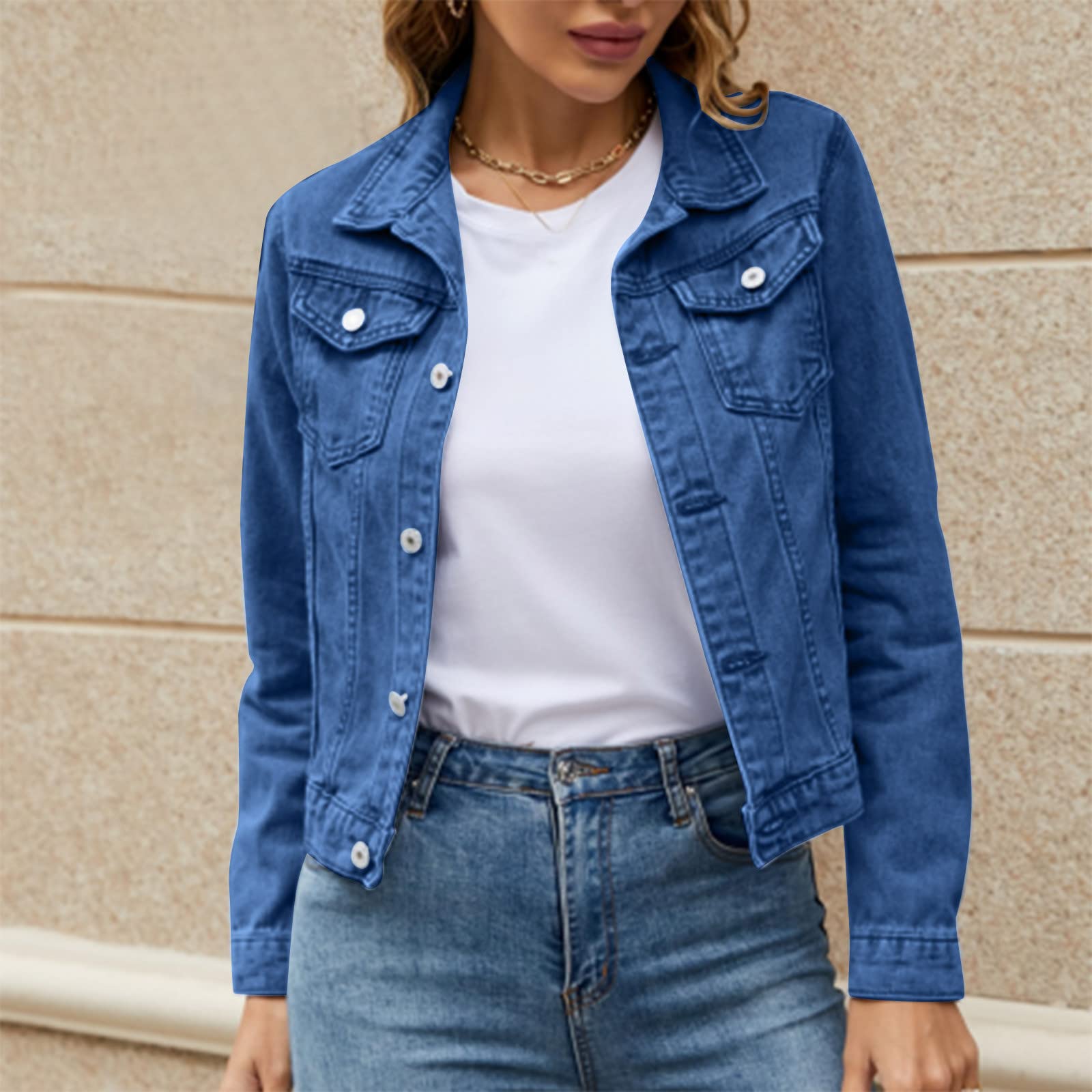 Générique Veste en coton denim boutonné de couleur unie pour femmes avec poches Veste en jean Manteau Jacket Homme Sans Manches