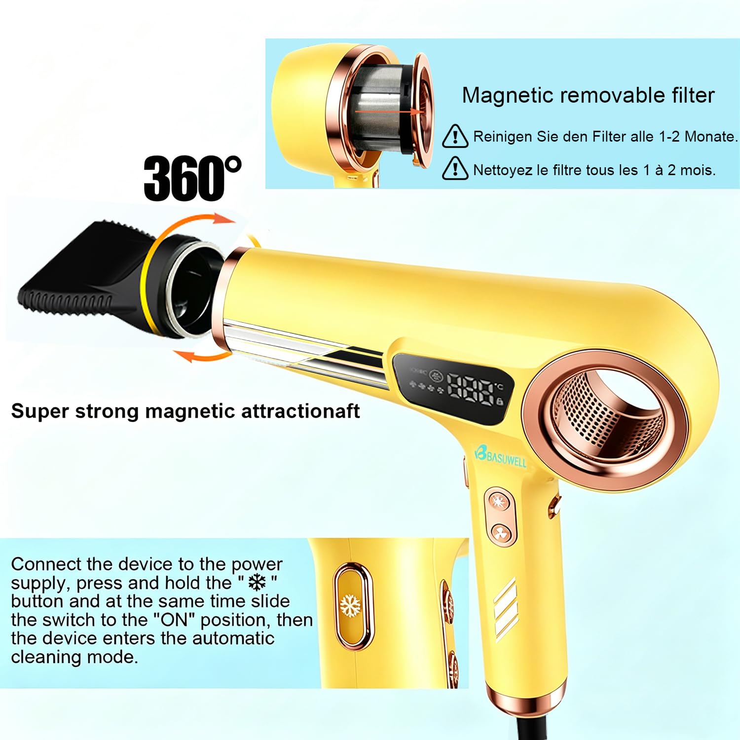 Sèche Cheveux Ionique 110 000 tr/min, Moteur Sans Balais, Séchage Rapide, Faible Bruit, Poids Léger, Affichage LED, Sèche-Cheveux avec 3 Buses Magnétiques, Pour Maison et Salon (Jaune)