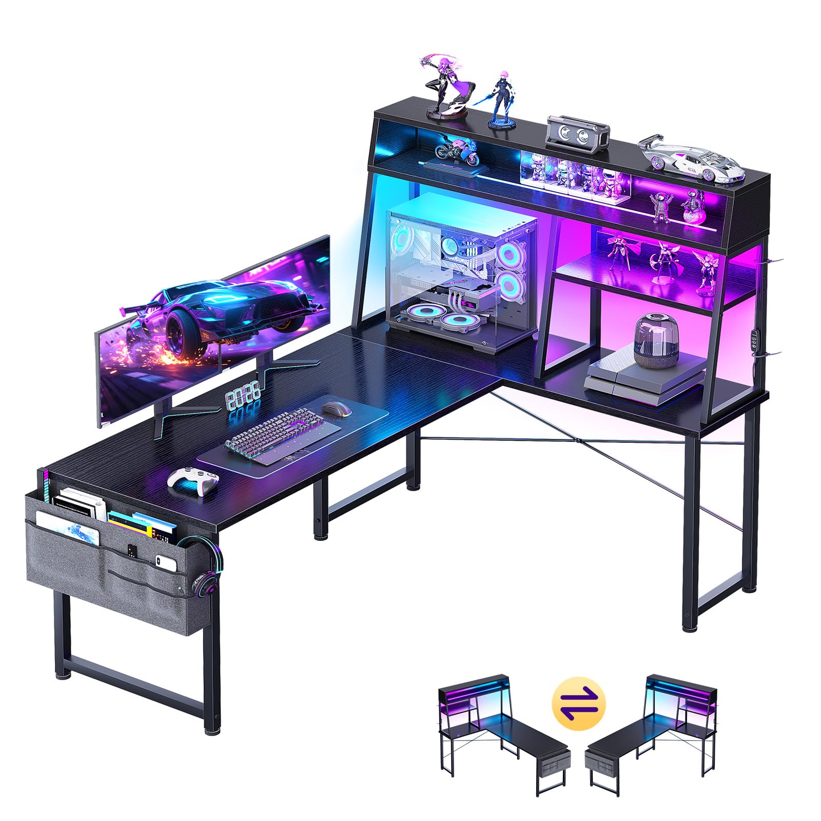 AODK 71" L Shaped Desk with 7 File Drawers, L Shaped Computer Desk with 2 Power Outlets & Monitor Shelf, Home Office Desk with Storage Shelves, Reversible Gaming Desk with LED Light, Vintage Oak