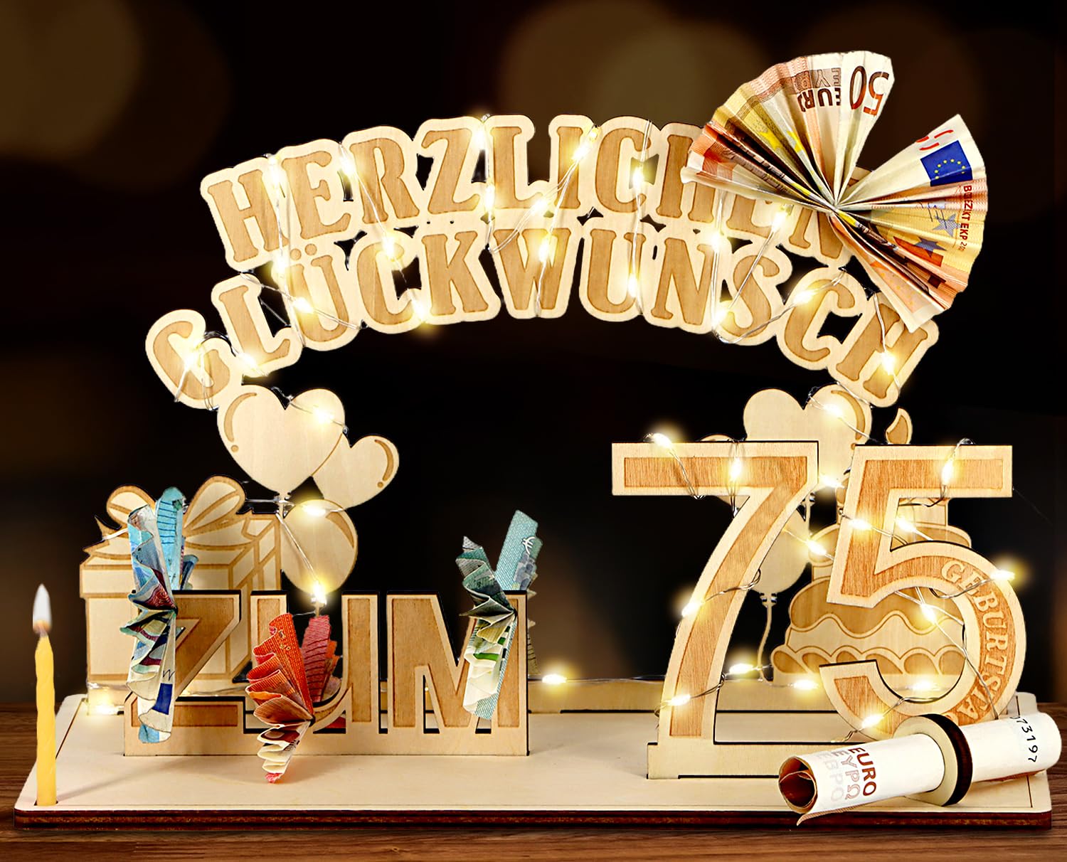 Giftota Original 75. Geburtstag Geldgeschenke Holz mit LED Lichterkette, Geschenke zum 75 Geburtstag Mann Frau, 75er Geburtstagsgeschenk