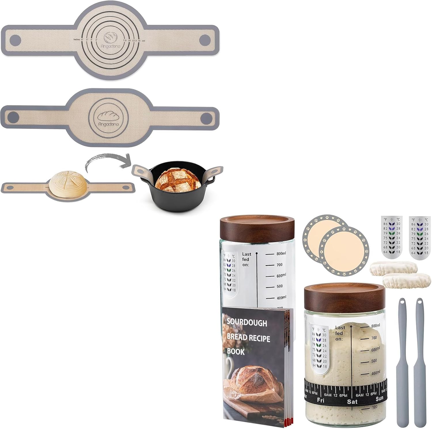 Angadona Silicone Bread Sling Round and Oval, Sourdough Starter Kit, 34oz Glass Jar with Sourdough Recipes Cookbook