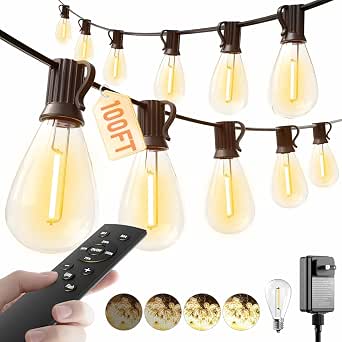 Luckystyle 100FT Outdoor String Lights with Remote, 35+ Shatterproof Bulbs, Waterproof, Dimmable Patio Lights for Porch, Garden, Backyard, Deck, Balcony, 2700K