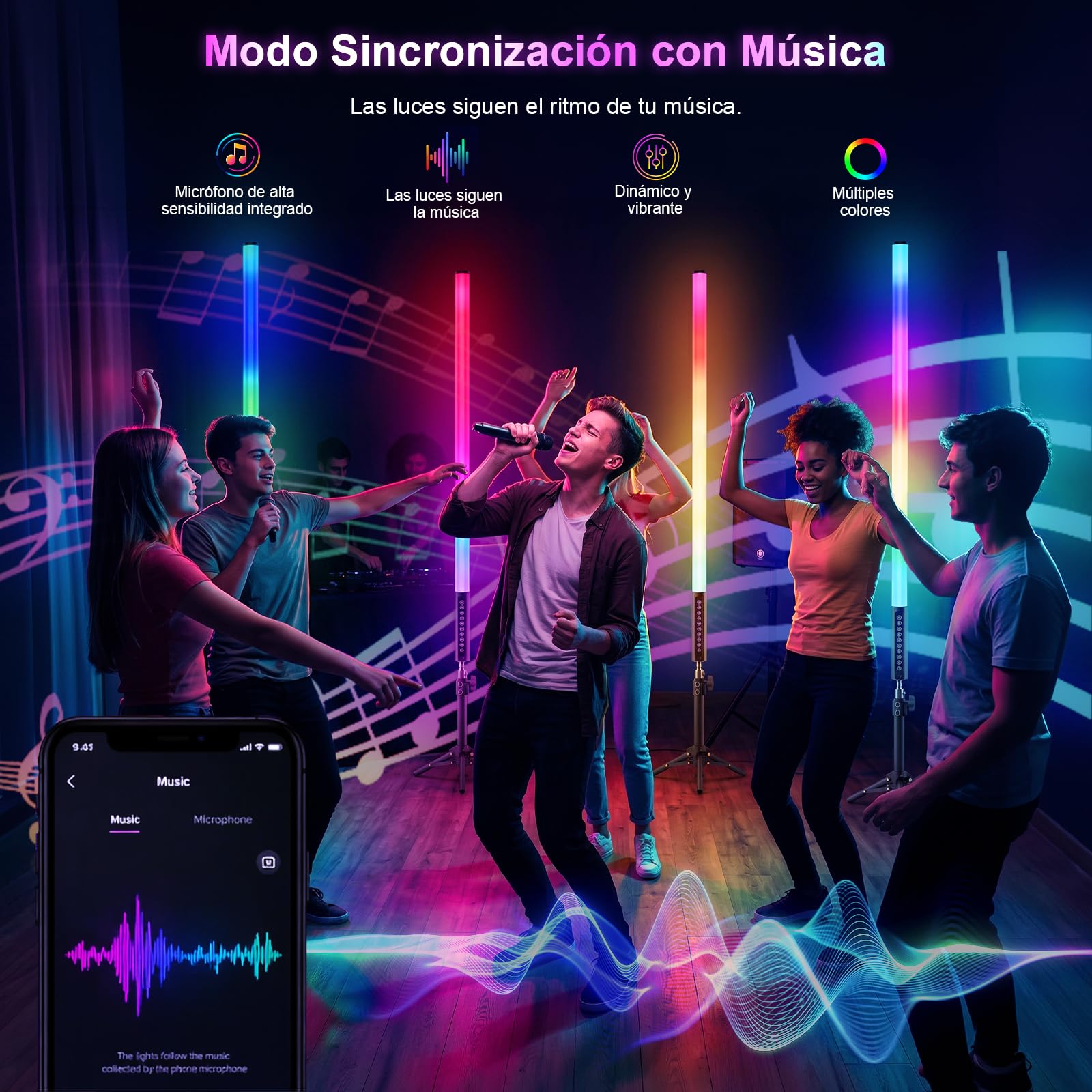 Pack de 4 Tubos de Luz LED RGB con Trípode, Barra de Luz para Vídeo de 120 cm, Sincronización con Música, Batería Recargable de 5200 mAh, Control por App y Mando a Distancia, Iluminación RGB Regulable
