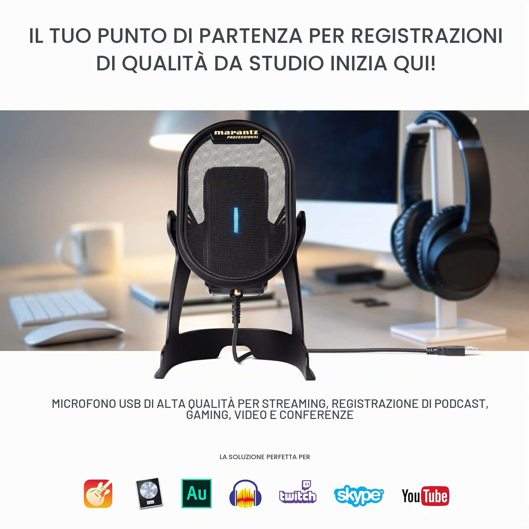 Marantz Professional Umpire – Microfono USB PC per Cattura Audio, YouTube, Streaming, Podcast e PC Gaming; Schermo Antipop, Sospensione Elastica