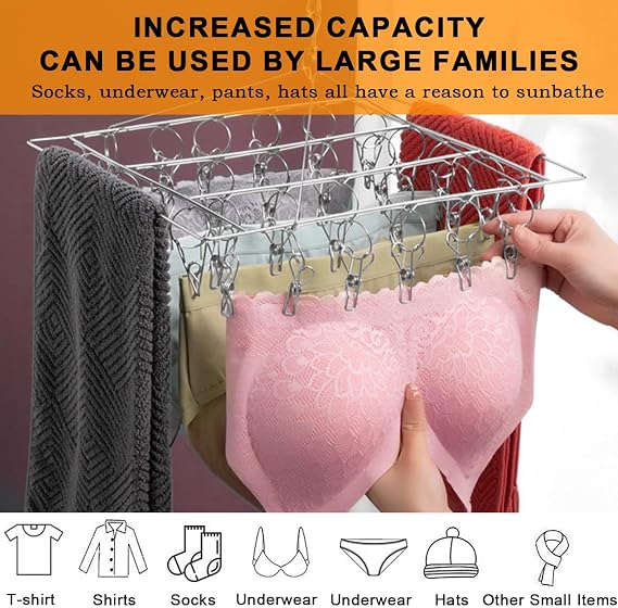 2 Pack Sock Drying Rack Stainless Steel, Sock Dryer Laundry Drying Hanger for Socks, Underwear, Bras,Gloves,Laundry Accessories (80 Clips)