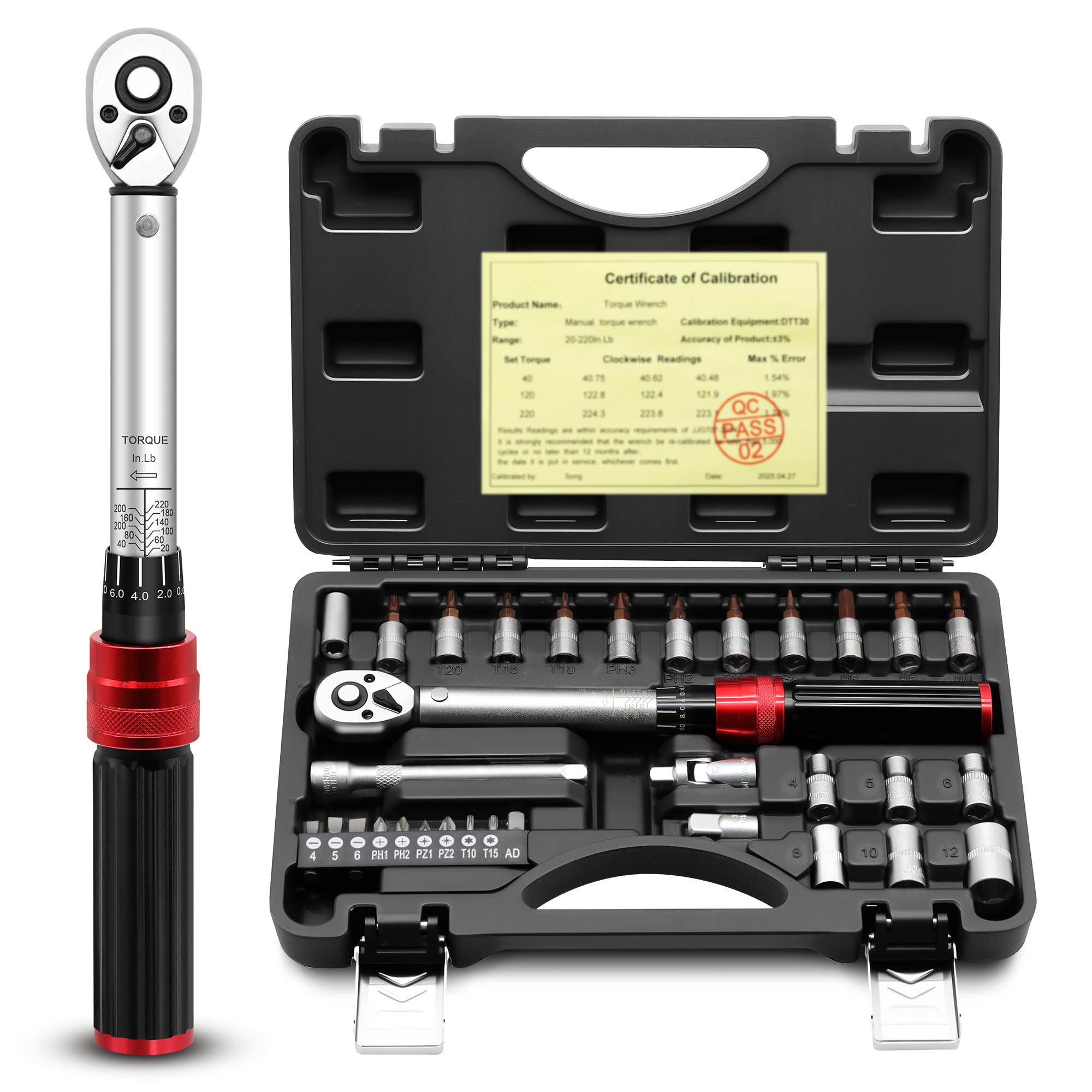 Roartisa 1/4inch Drive Torque Wrench Set, 32-Piece 10-220 in.lb (1-25 Nm) Click Bicycle Torque Wrench with Bit Sockets, 0.1 Nm Micro, 72-Tooth Ratchet