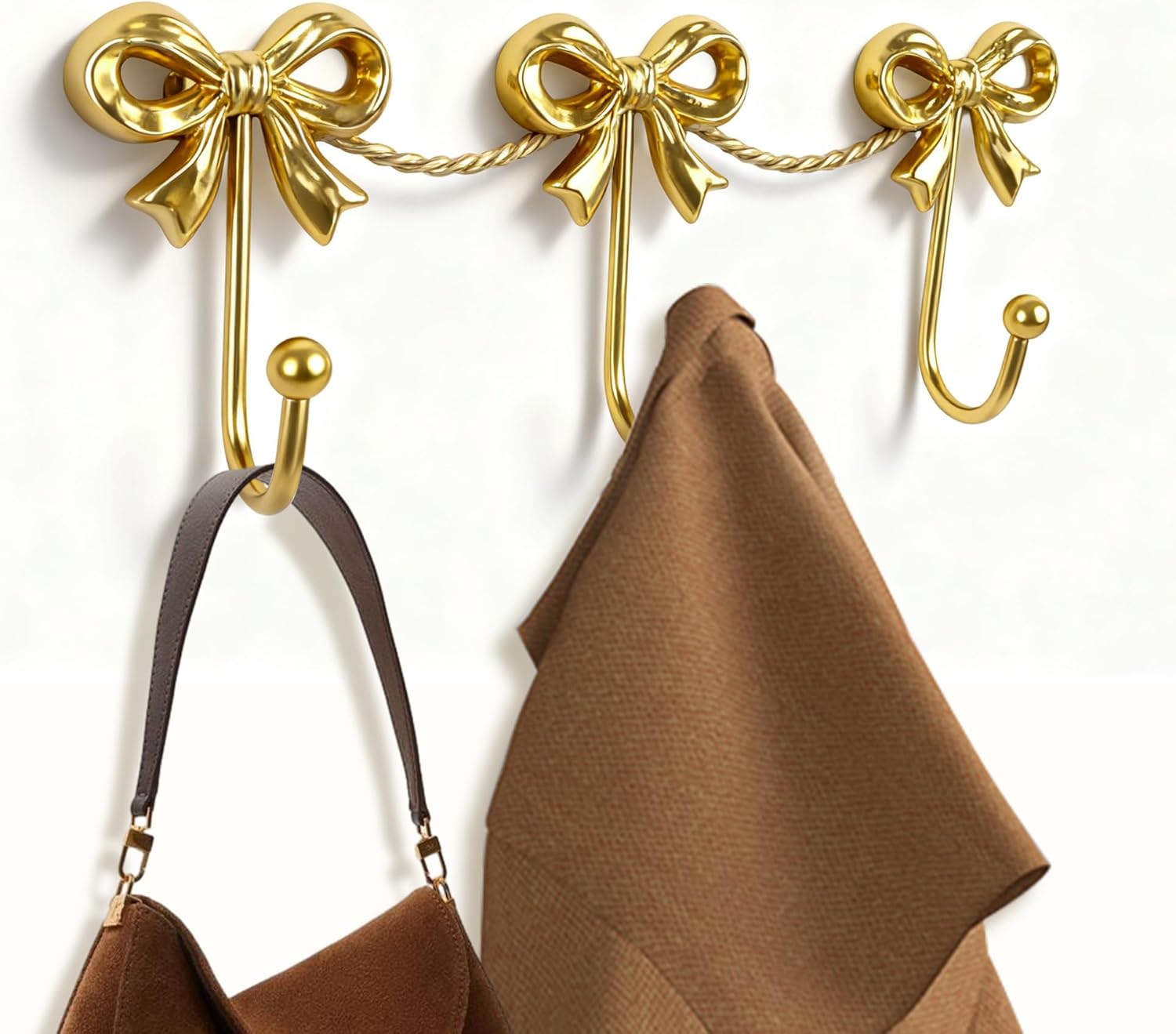 Gold Bow Decor for Girls Room Decor - 3-Link Mental Gold Bow Hooks for Wall, Golds Bows Hangers for Coats, Bags, Bath Towels, Bathroom, Loveshackfancy Decor, Girl Nursery ,Coquette Room, 14.1*4.5‘’