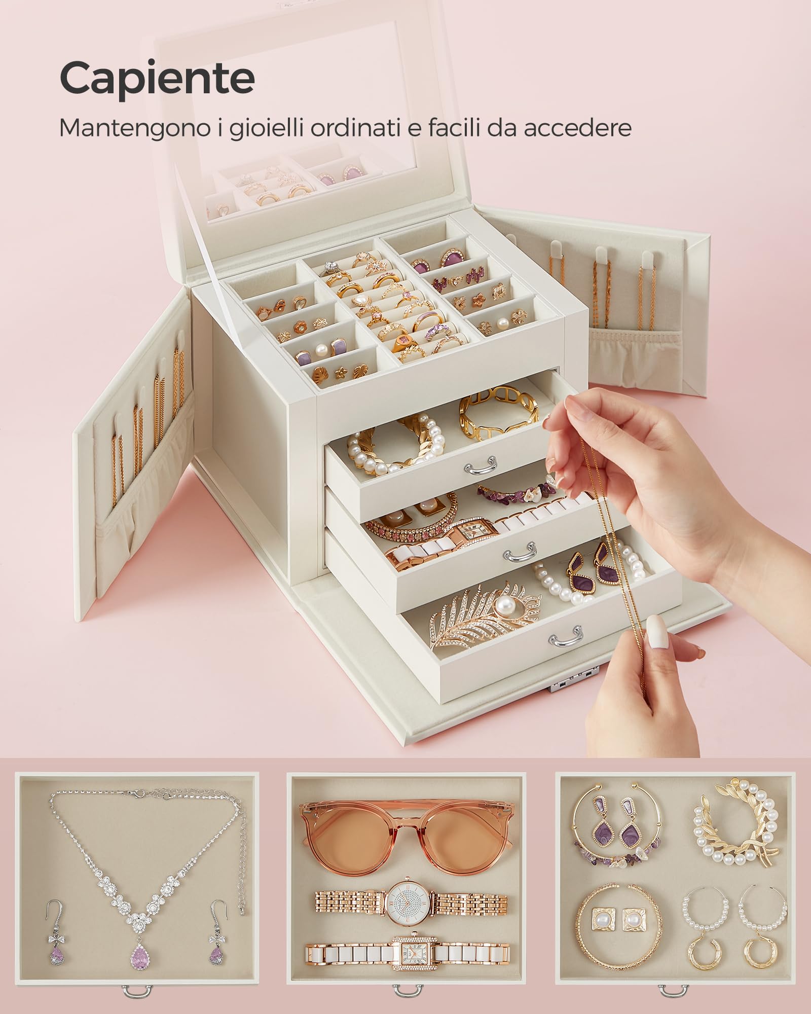 SONGMICS Scatola Portagioie, 4 Livelli, Porta Gioielli con Maniglie, 3 Cassetti, Specchio e Chiusura, Portagioie da Viaggio, Idea Regalo, Superficie Bianca Nuvola, Fodera Bianca Crema JBC159W02