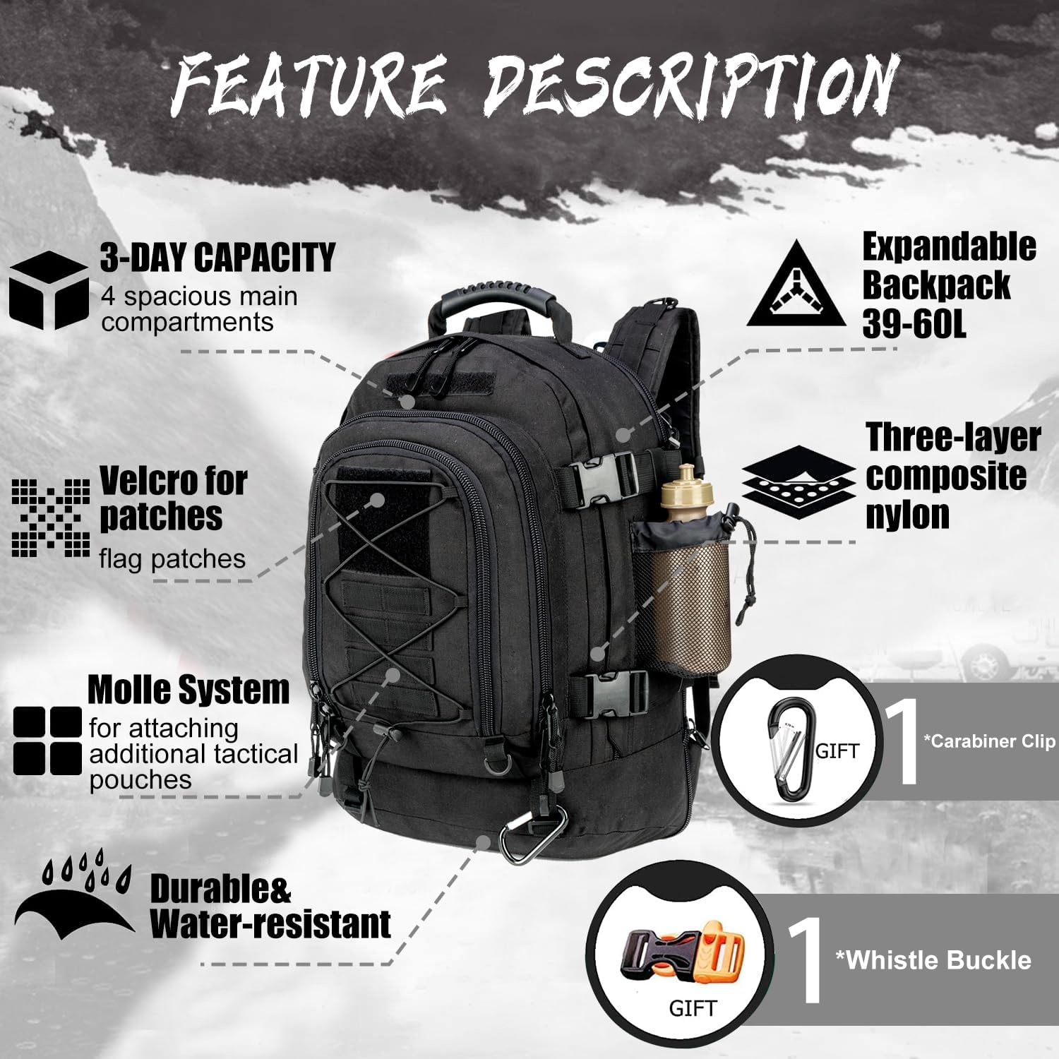 Großer Militär-Rucksack, 3 Tage, erweiterbarer Rucksack, Armee-Tagesrucksack für Outdoor, Wandern, Jagd