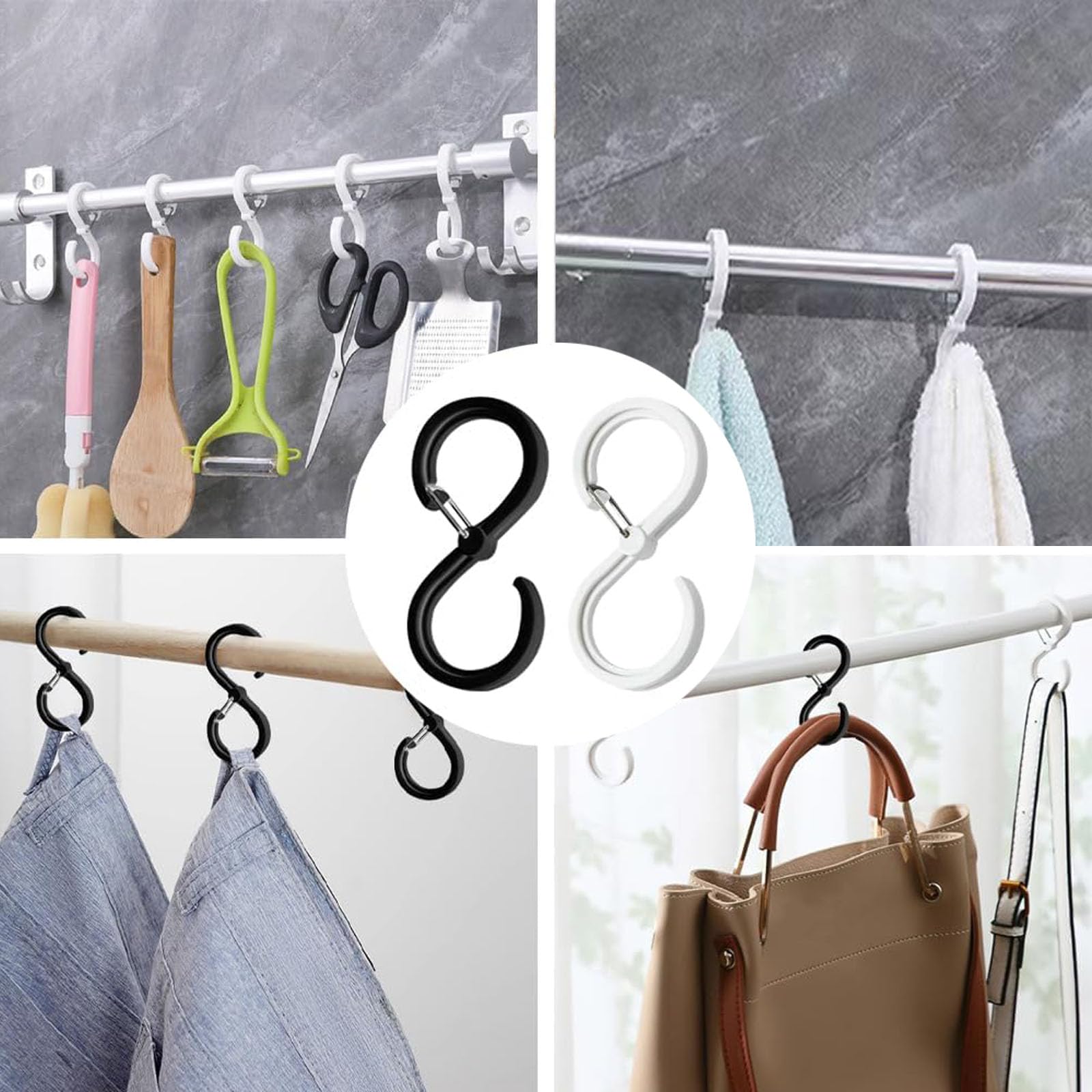 20 pezzi Ganci a forma di S con chiusura di sicurezza antiscivolo. Ganci a S in plastica per appendere oggetti,adatti per armadi,cucine,bagni,camere da letto,uffici e giardini (nero/bianco)