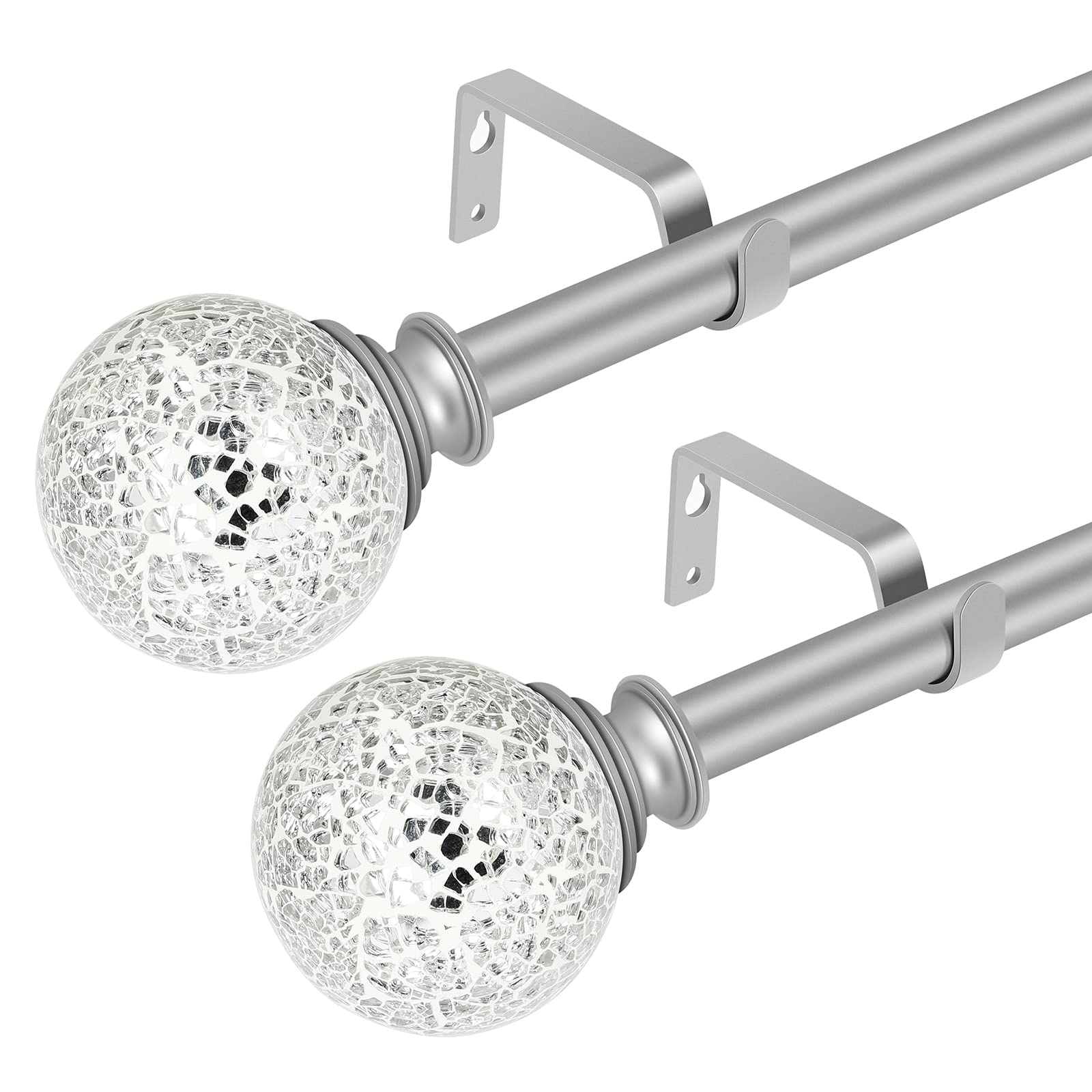 DAINTIER 2 pack Curtain Rods for windows Metal Single Telescoping Curtain Rod with Mosaic ball Finials (Silver,28-48 inch)