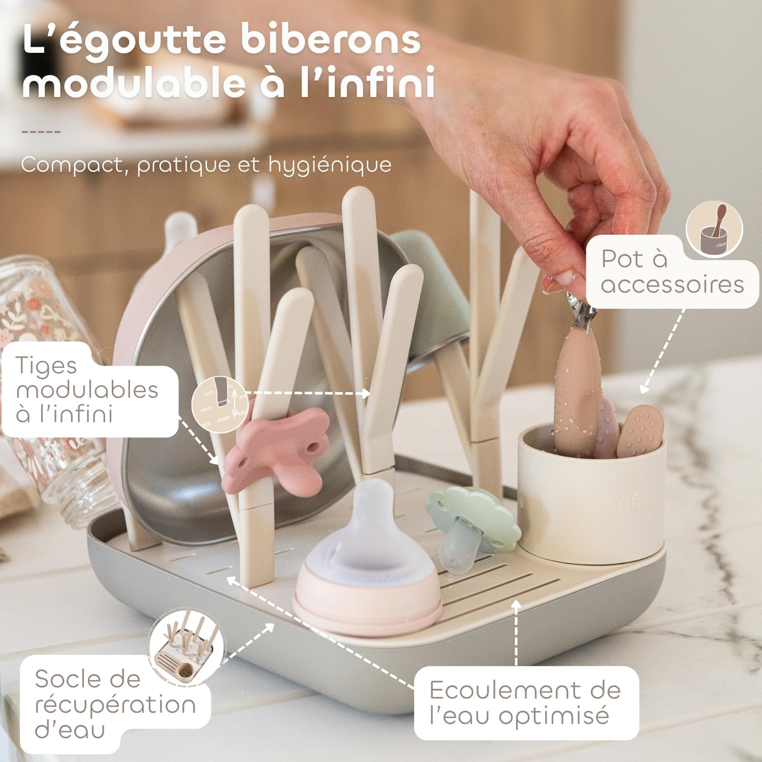 Béaba, Egoutte-biberons et Séchoir, Grande Capacité, Modulable, Jusqu'à 6 Biberons et Vaisselle Enfant, Pot à Accessoires, Ecoulement Optimisé, Facile à Ranger, Compact, Pratique, Argile