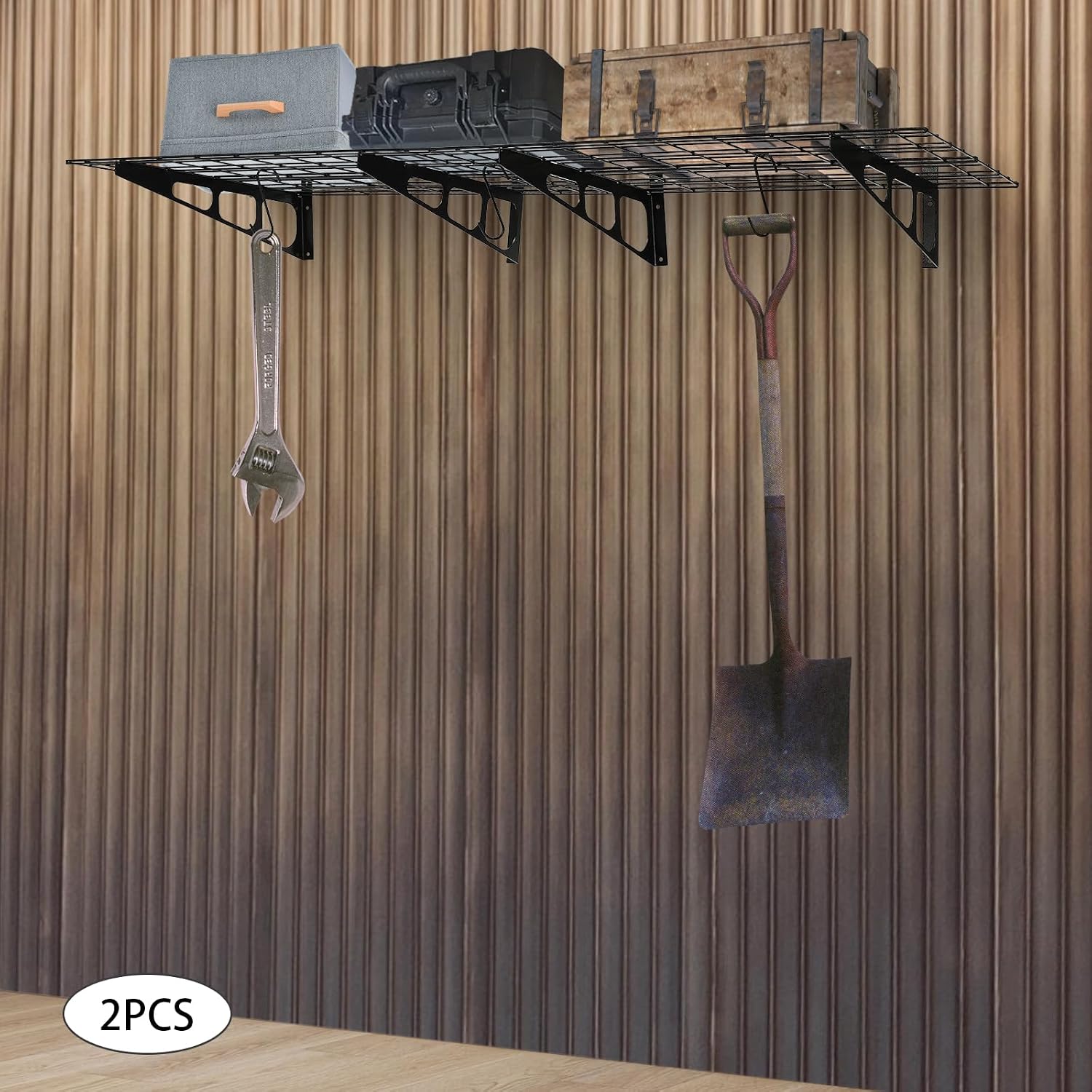 Garage Wall Shelving with 6 Hooks, 2-Pack Garage Storage Garage Shelving Wall Shelf Garage Organization System 400 lbs Load-Bearing Capacity Double Fixing Bars 24x72 Inch
