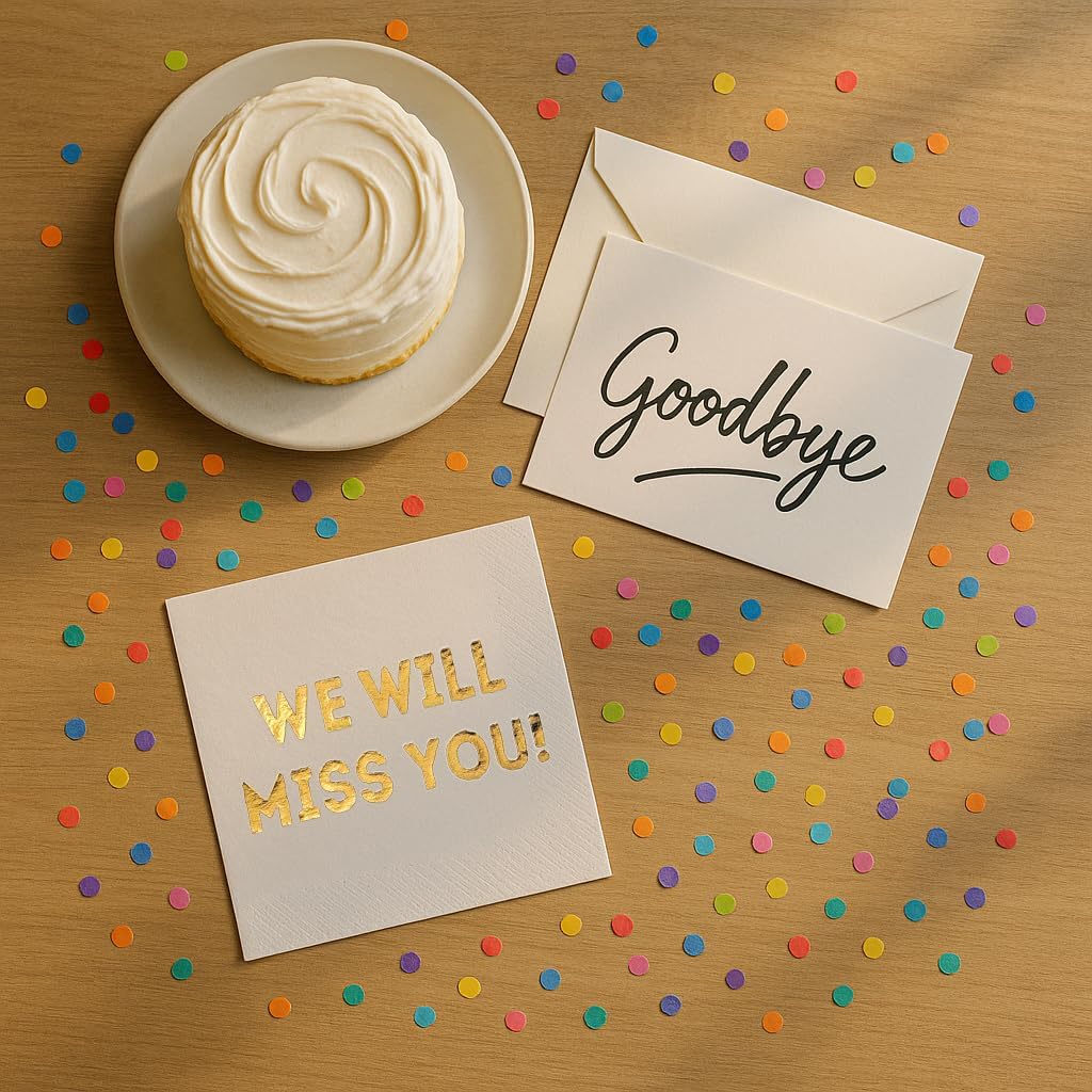 We Will Miss You Cocktail Napkins - 50 Pack White - Farewell, Going Away, Retirement Party Decorations Supplies, Coworkers Leaving Goodbye, Military Army Good Luck, Moving Celebrations