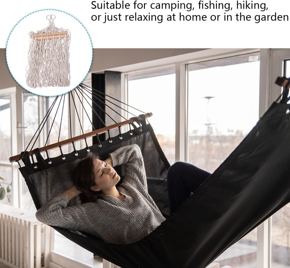 POPETPOP Portable Mesh Hammock Swing Hanging Bed with Wooden Stick, Cotton Rope Outdoor Leisure Hammock for Camping and Backyard Relaxation, Includes Carry Bag and Reinforced Straps