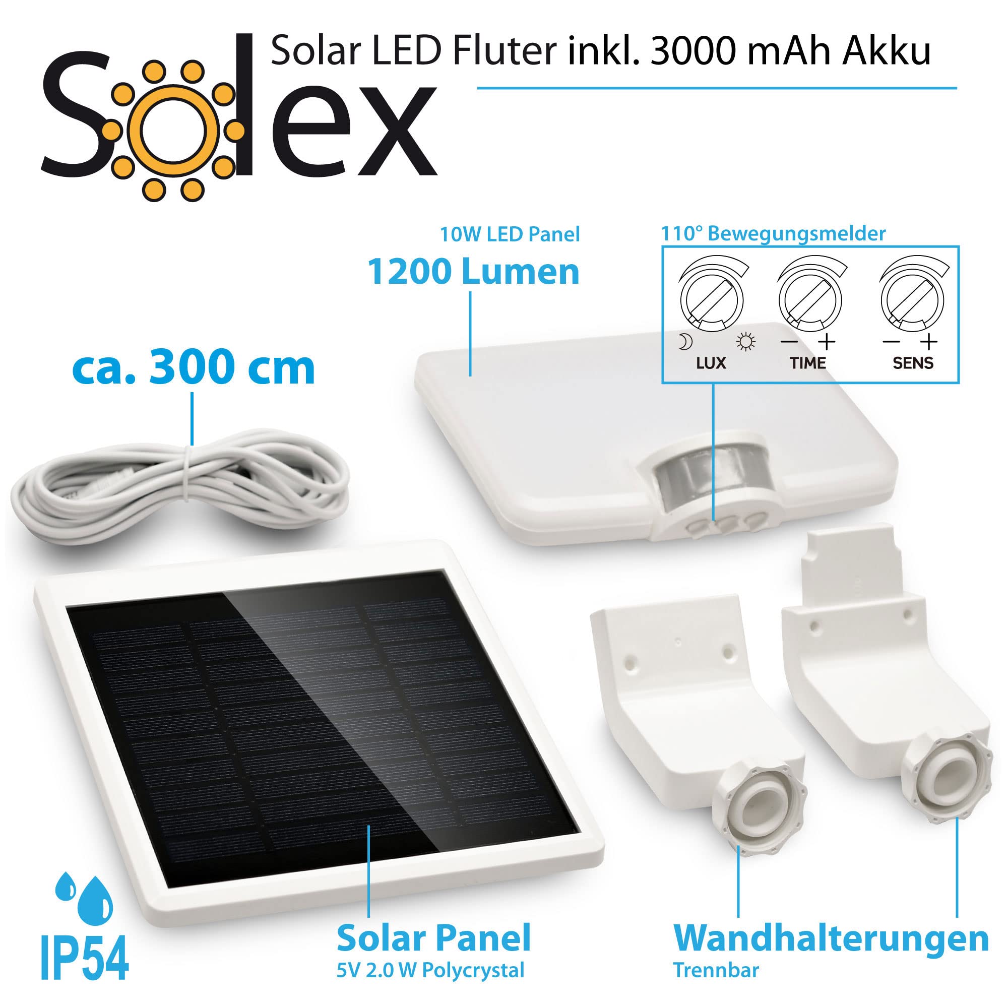 max K O M F O R T LED Solar Fluter Außenwandleuchte mit Bewegungsmelder 10W Akku Baterrie Außenstrahler Wandleuchte Solarlampe SOLEX-WH