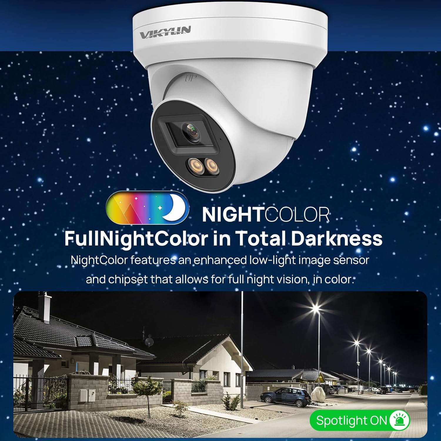 VIKYLIN 4K 8MP Full Color PoE IP Camera, Outdoor 4K PoE Turret Camera with AI Human/Vehicle Detection, 2.8mm Lens,F1.0 Aperture,98ft Color View Night Vision,1-Way Audio,IP67,Blue Iris,NDAA Compliant