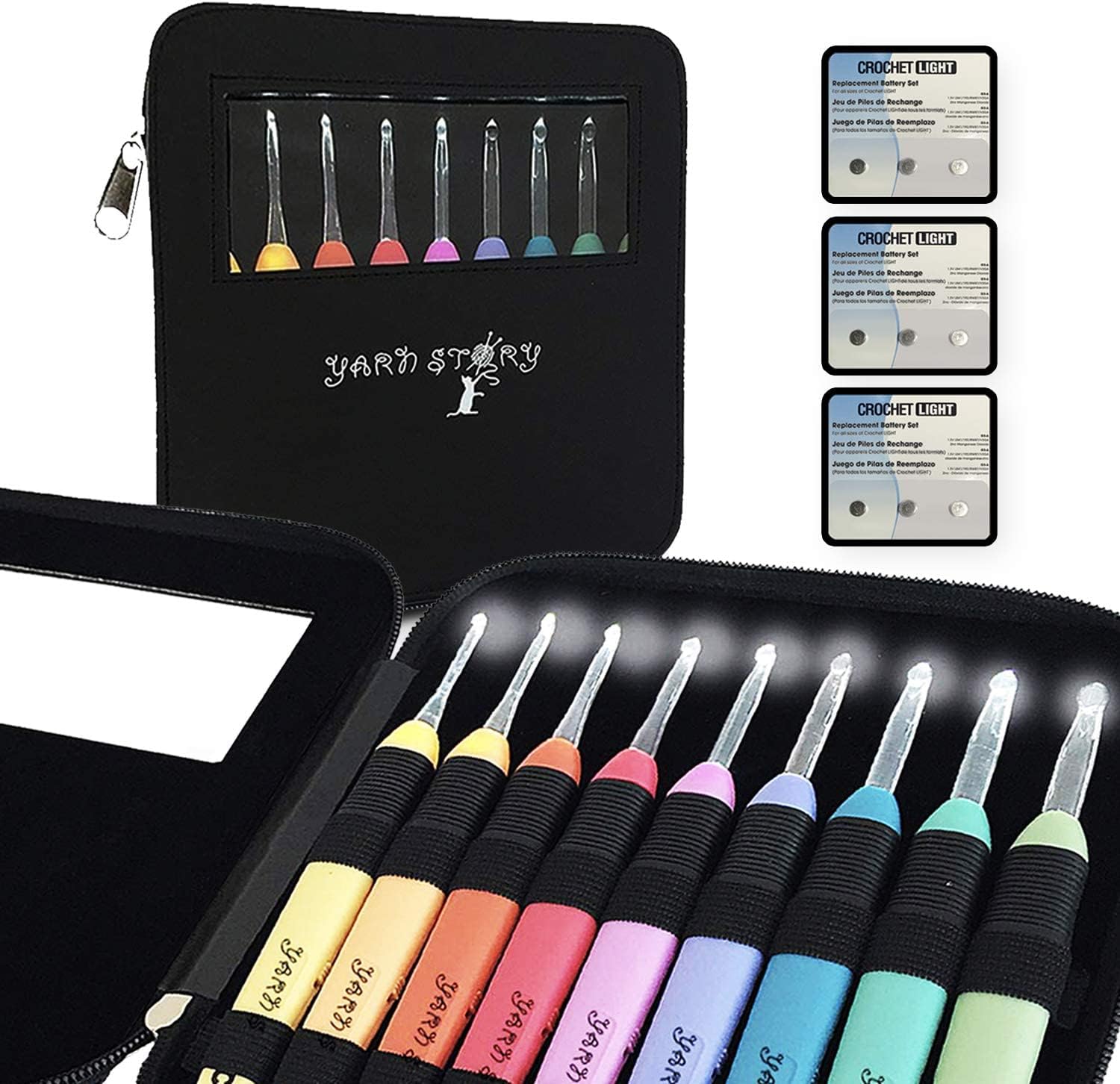 Yarn Story™ Lighted Crochet Hooks Complete Set 9/pkg - 9 pcs Light up Crochet Hook Set w/ 9 Extra Batteries – Crochet Lite Hooks – LED Crochet Hooks for Arthritic Hands Sizes 2.5 to 6.5mm (Black)