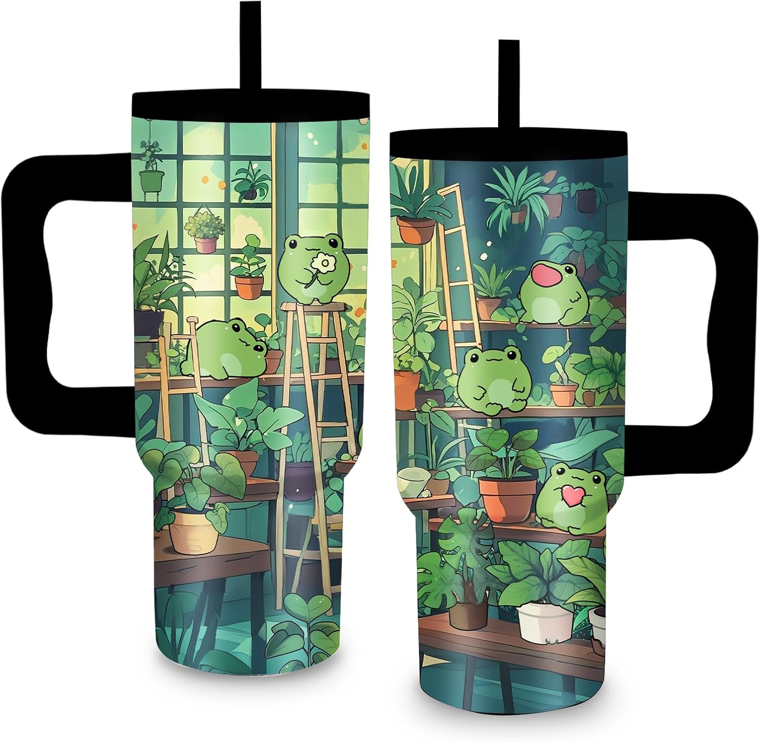24 oz Green Frog Tumbler with Handle and Straw, Frog Themed Gifts