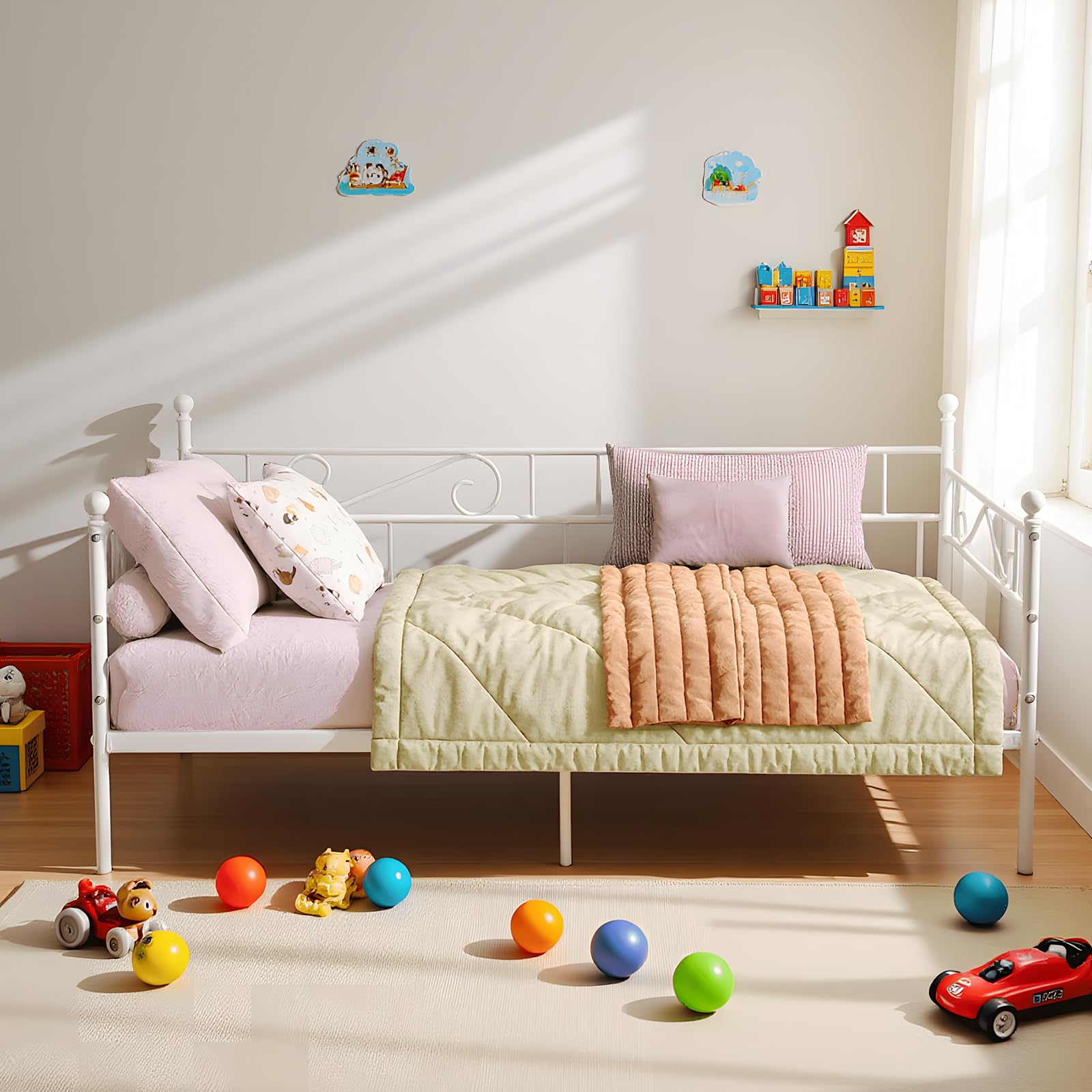 Tagesbett Bettgestell 90x200 cm Bett, Metal Wasserdicht Familienbett Gästebett Metallbett Jugendbett Einzelbett Sofabett für Schlafzimmer Wohnzimmer passend, Weiß