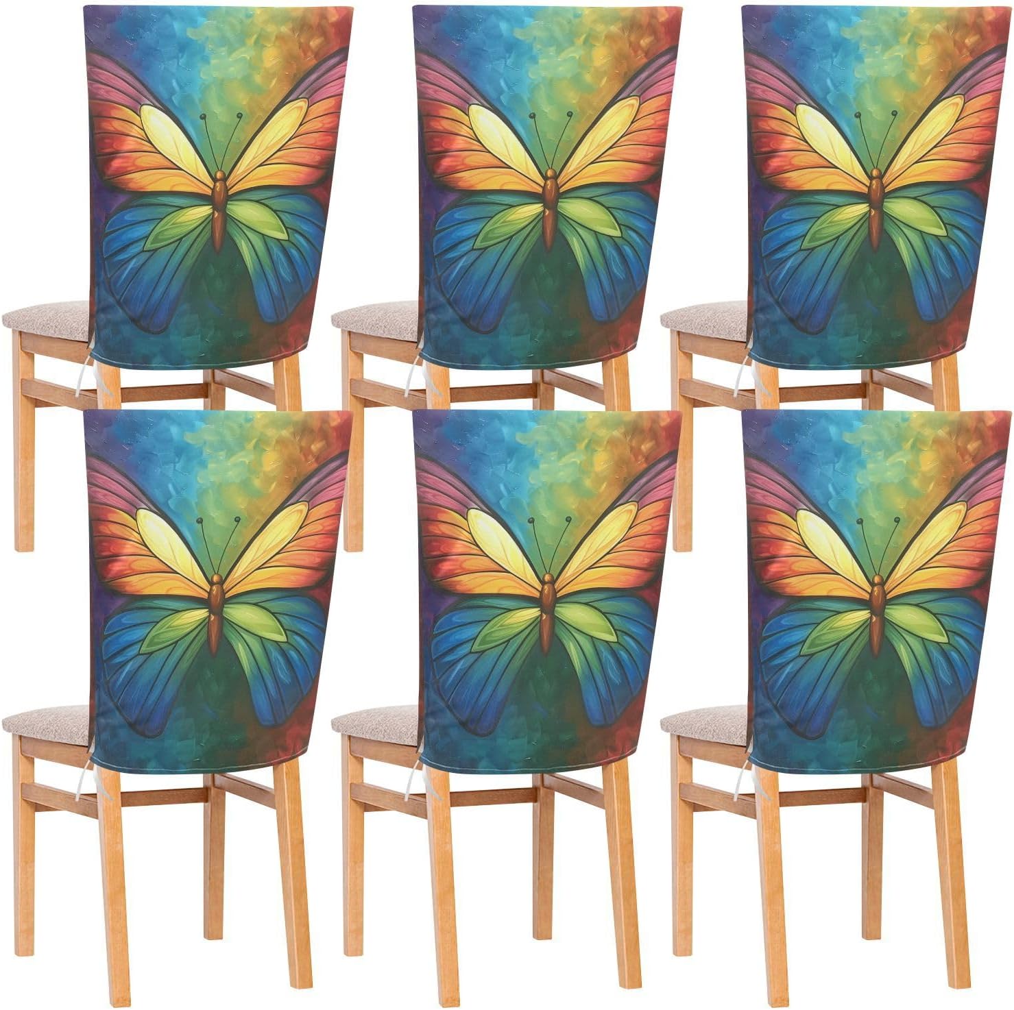 ALAZA Rainbow Color Butterfly Chair Back Cover Set of 6, Washable Reusable Removable Chair Slipcovers Decorative Chair Cover for Home Kitchen Wedding Party