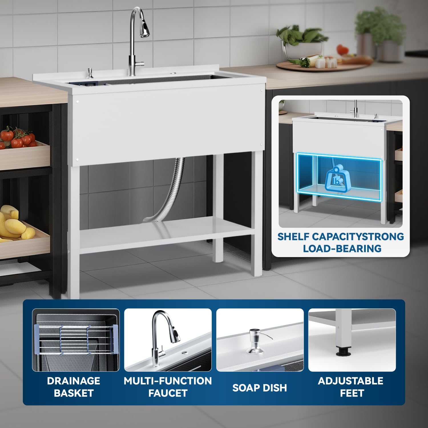 36" Freestanding Utility Sink, Heavy Duty Stainless Steel Laundry Room Sink for Garage, Outdoor Kitchen or Workshop, Modern Black Basin with Hot & Cold Water, Indoor/Outdoor Use (White)