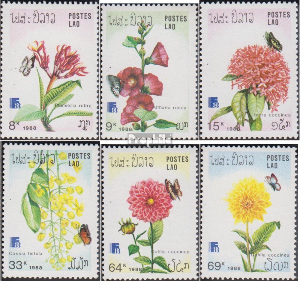 Prophila Collection Laos 1098-1103 (complète.Edition.) Neuf avec Gomme Originale ** MNH 1988 Papillons et Fleurs (Timbres pour Les collectionneurs) Plantes/Champignons