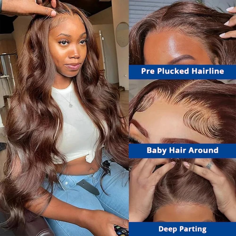 13x6 Chocolate Brown Lace Front Wig Human Hair HD Transparent Lace Frontal Wigs Body Wave Pre Plucked 150 Density (#4 Chocolate Brown Wig - Image 2