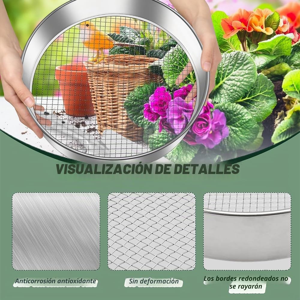 Tamiz de Jardín de Acero Inoxidable,Tamiz Jardín 5 en 1 Redondo 30 cm,con 5 Insertos de Tamiz Intercambiables Ø 3,6,9,10,12 mm,Tamiz Redondo de Jardín,Tamiz de Compost para Tierra, Compost, Semillas