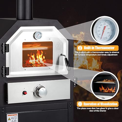Miniatura 5 de HOMREST Parrilla de barbacoa de gas propano con termómetro, parrilla de barbacoa de 14,000 BTU con ruedas para cocina al aire libre, horno de pizza