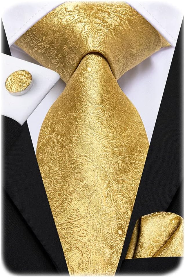 Hi-Tie Mens Plaid Ties Classic Paisley Necktie with Handkerchief Cufflinks Set Business Stripe Tie