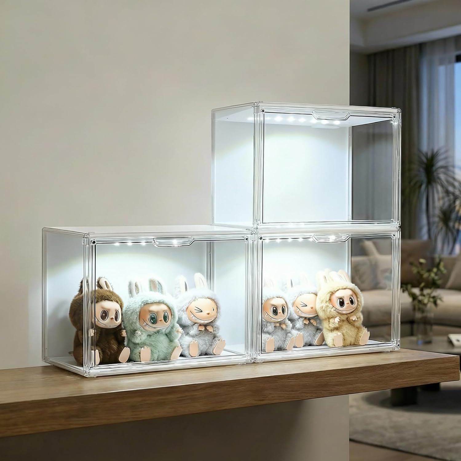 GUDEMAY 3er-Set Transparente stapelbare Kunststoffboxen mit Magnettür, LED | Staubdichte Acryl-Vitrine. Schaukasten für Figuren, Modellautos, Bücher, Schuhe & Handtaschen. Organizer für den Schrank