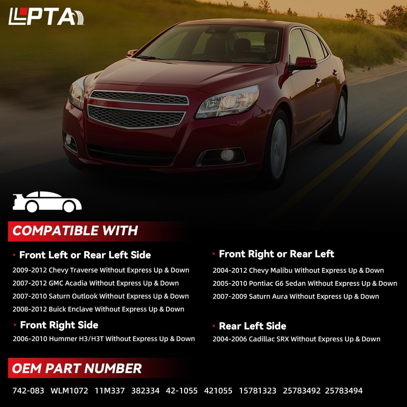 Set of 1 Power Window Lift Motor Front/Rear Left/Right Fit Cadillac SRX Hummer H3 Chevy Malibu Pontiac G6 Sedan Saturn Aura Traverse GMC Acadia Outlook Buick Enclave Without Express Up & Down