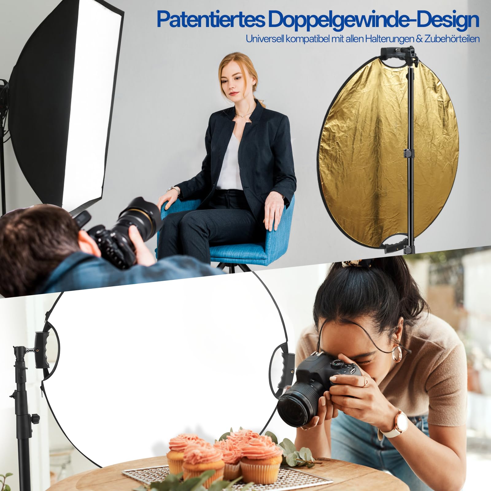 WELLMAKING 80cm Fotoreflektor, zusammenklappbarer Lichtreflektor mit Tasche & Neigungsadapter, 5 in 1 Griffreflektor für Studio & Außenbeleuchtung - transparent, Silber, Gold, weiß, schwarz